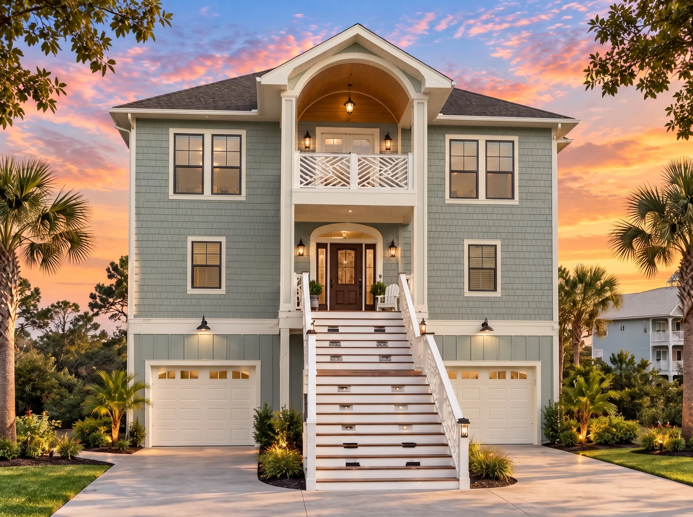 Plan  15-1544 – Auburn Terrace Chalet  | Coastal Traditional – 4-Bed, 5-Bath, 3,095 SF - Muted Sage, AI-generated exterior concept