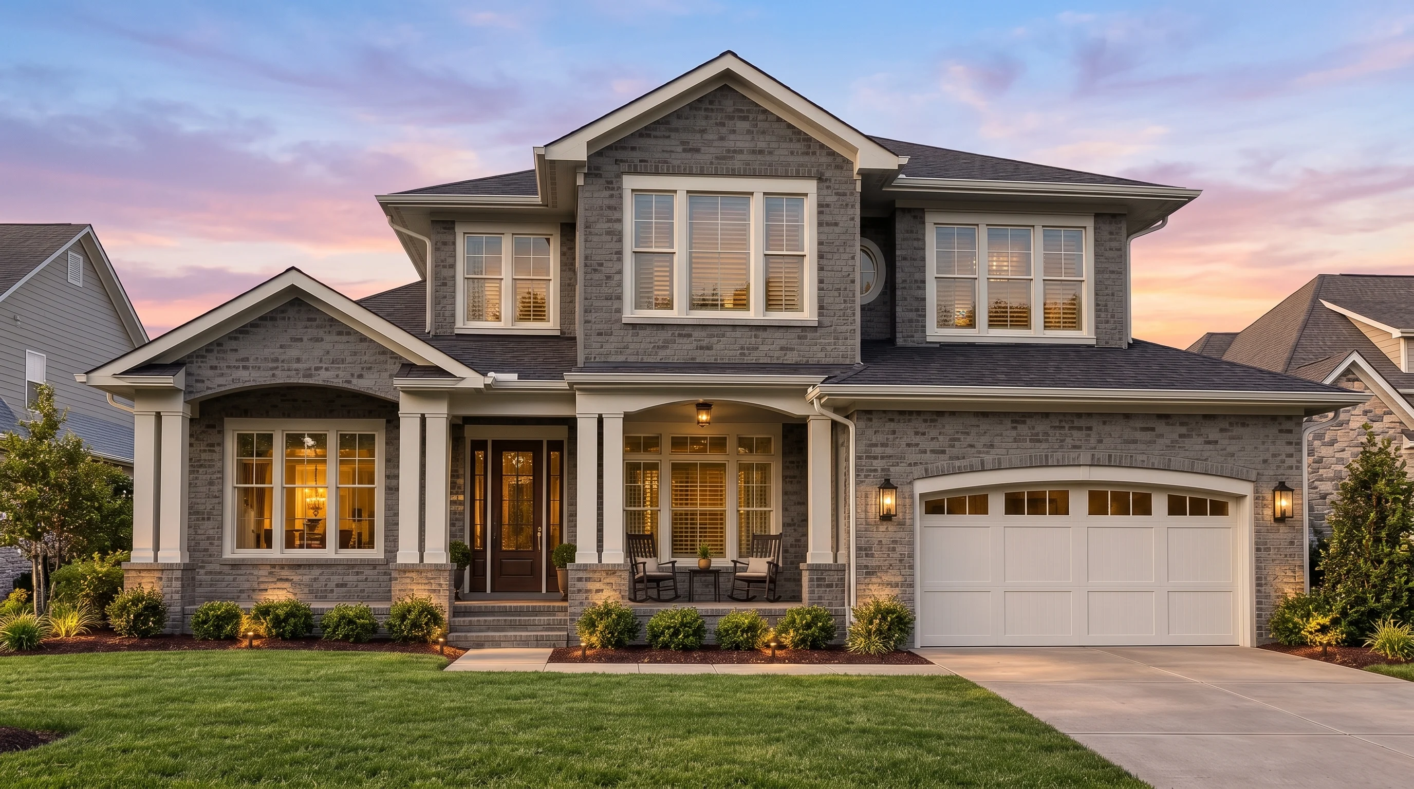 Plan  15-1427 – Aster Crest Farmhouse  | Coastal Traditional – 4-Bed, 3.5-Bath, 3,978 SF - Warm Charcoal, AI-generated exterior concept