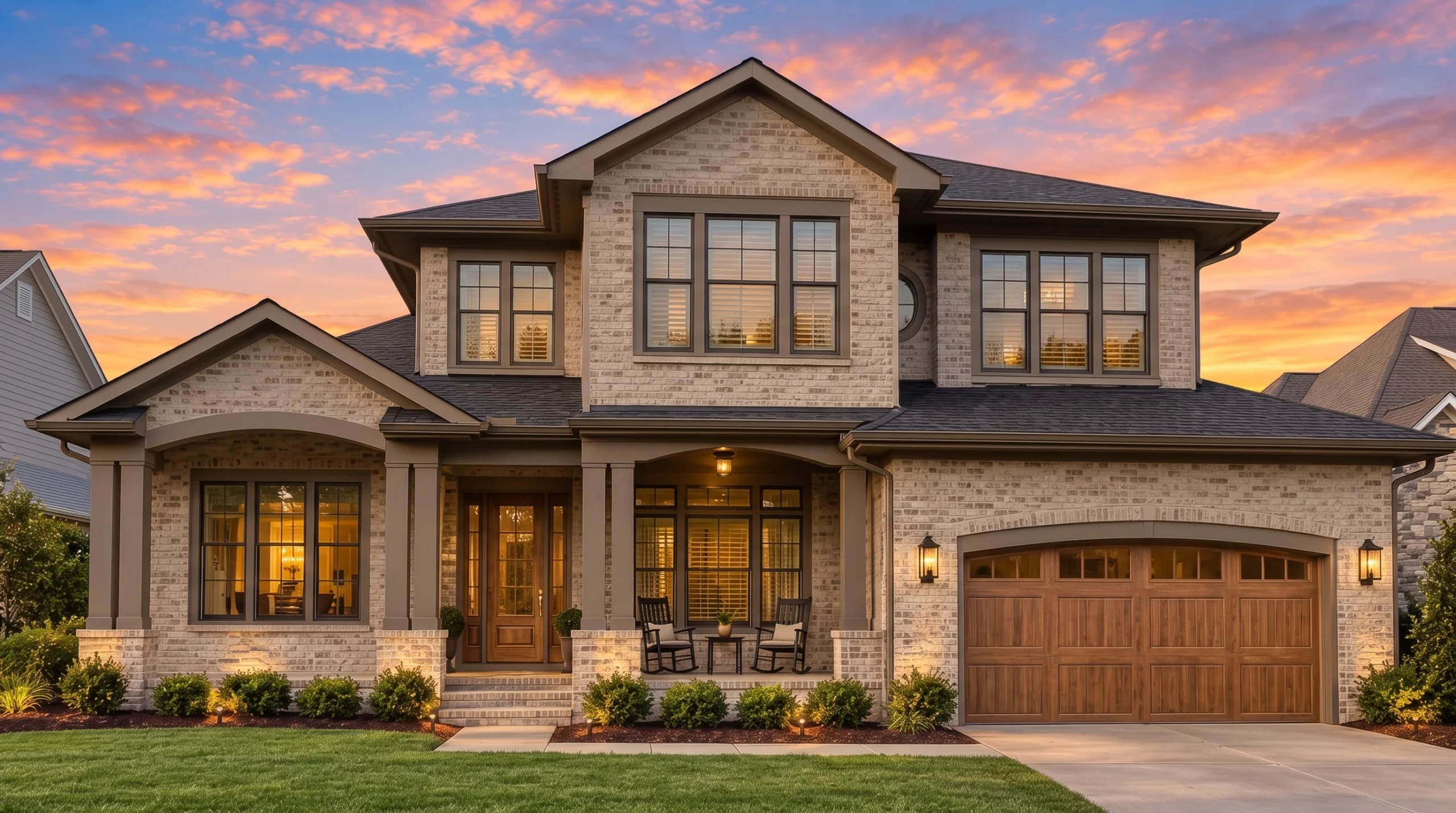 Plan  15-1427 – Aster Crest Farmhouse  | Coastal Traditional – 4-Bed, 3.5-Bath, 3,978 SF - Mushroom Taupe, AI-generated exterior concept