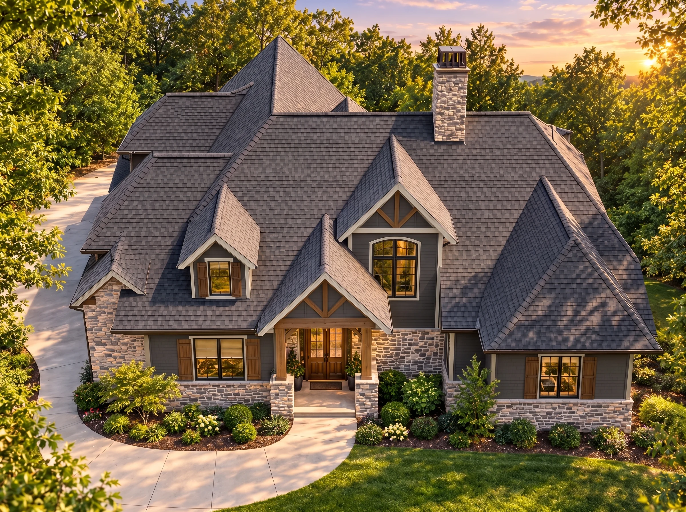 Plan  15-1601 – Rose Meadow Estate |  New American – 3-Bed, 3.5-Bath, 3,312 SF - Warm Charcoal, AI-generated exterior concept