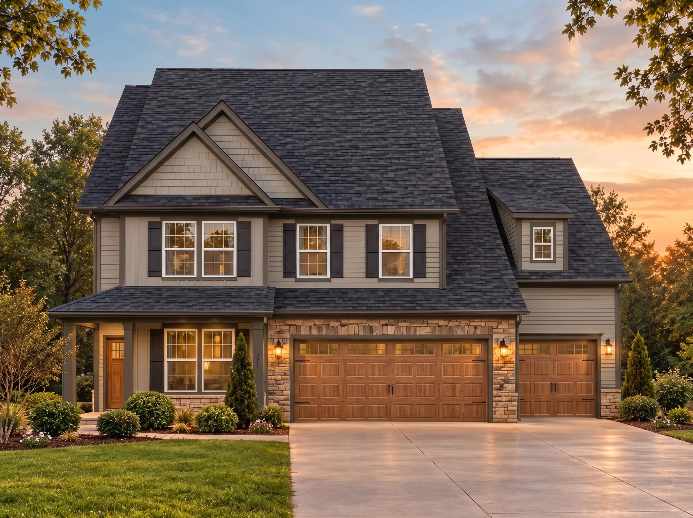 Plan  15-1638 – Oak Point Residence  | Traditional Colonial – 5-Bed, 3.5-Bath, 3,813 SF - Mushroom Taupe, AI-generated exterior concept