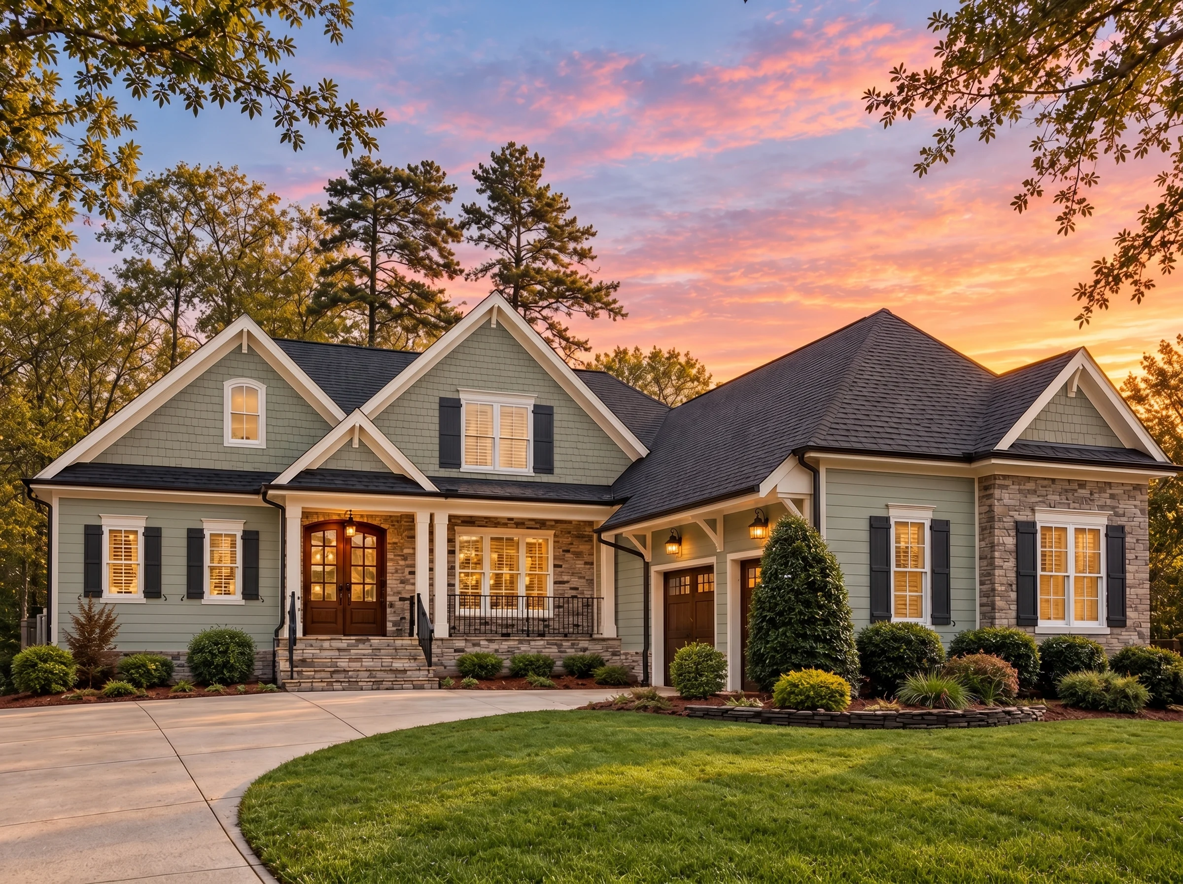 Plan  15-1681 – The Brownstead House  | Shingle Style – 5-Bed, 3.5-Bath, 3,210 SF - Muted Sage, AI-generated exterior concept