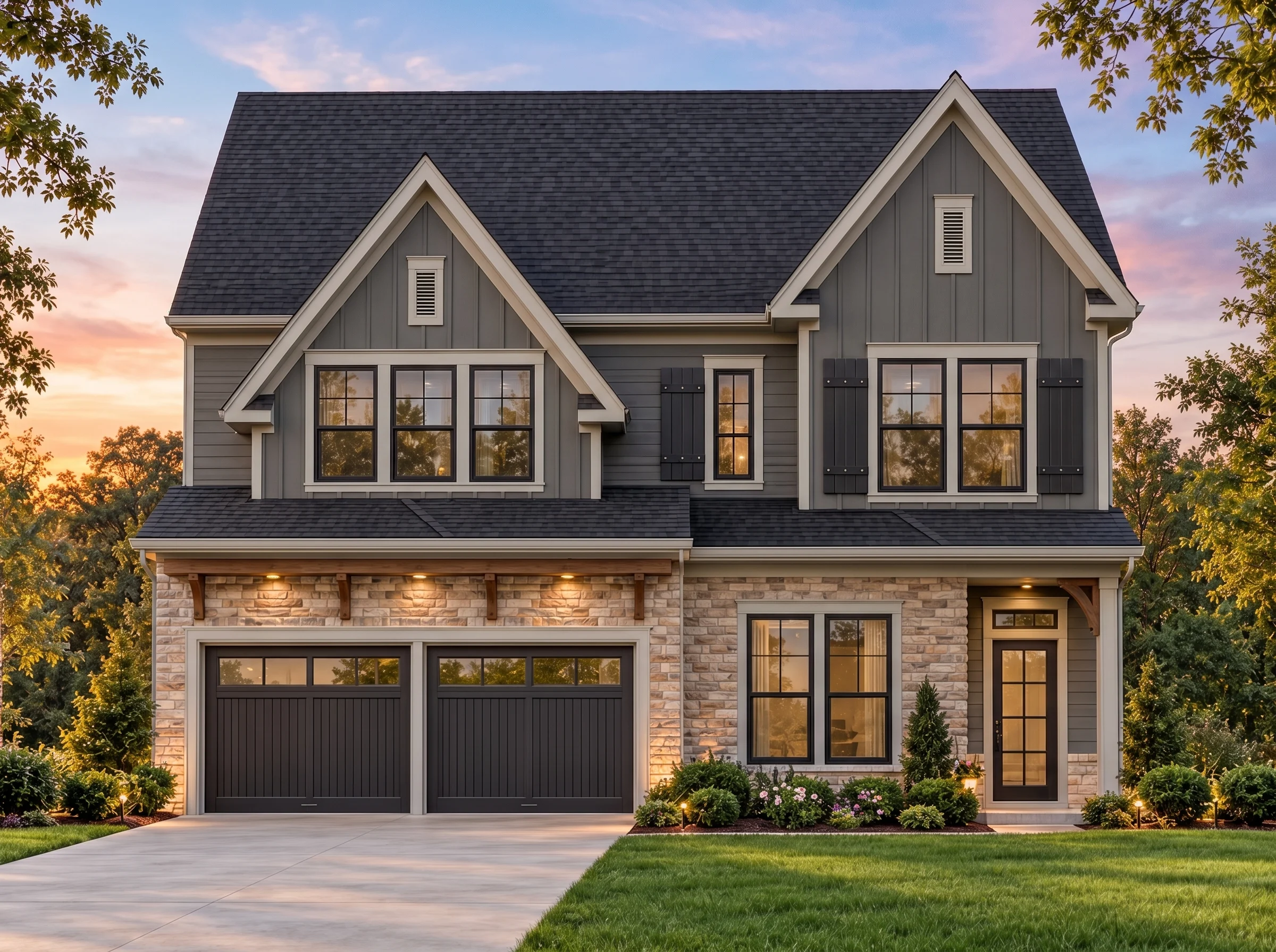 Plan  15-1791 – Luxe Mansion Realty  | Modern Farmhouse – 3-Bed, 2.5-Bath, 2,184 SF - Warm Charcoal, AI-generated exterior concept