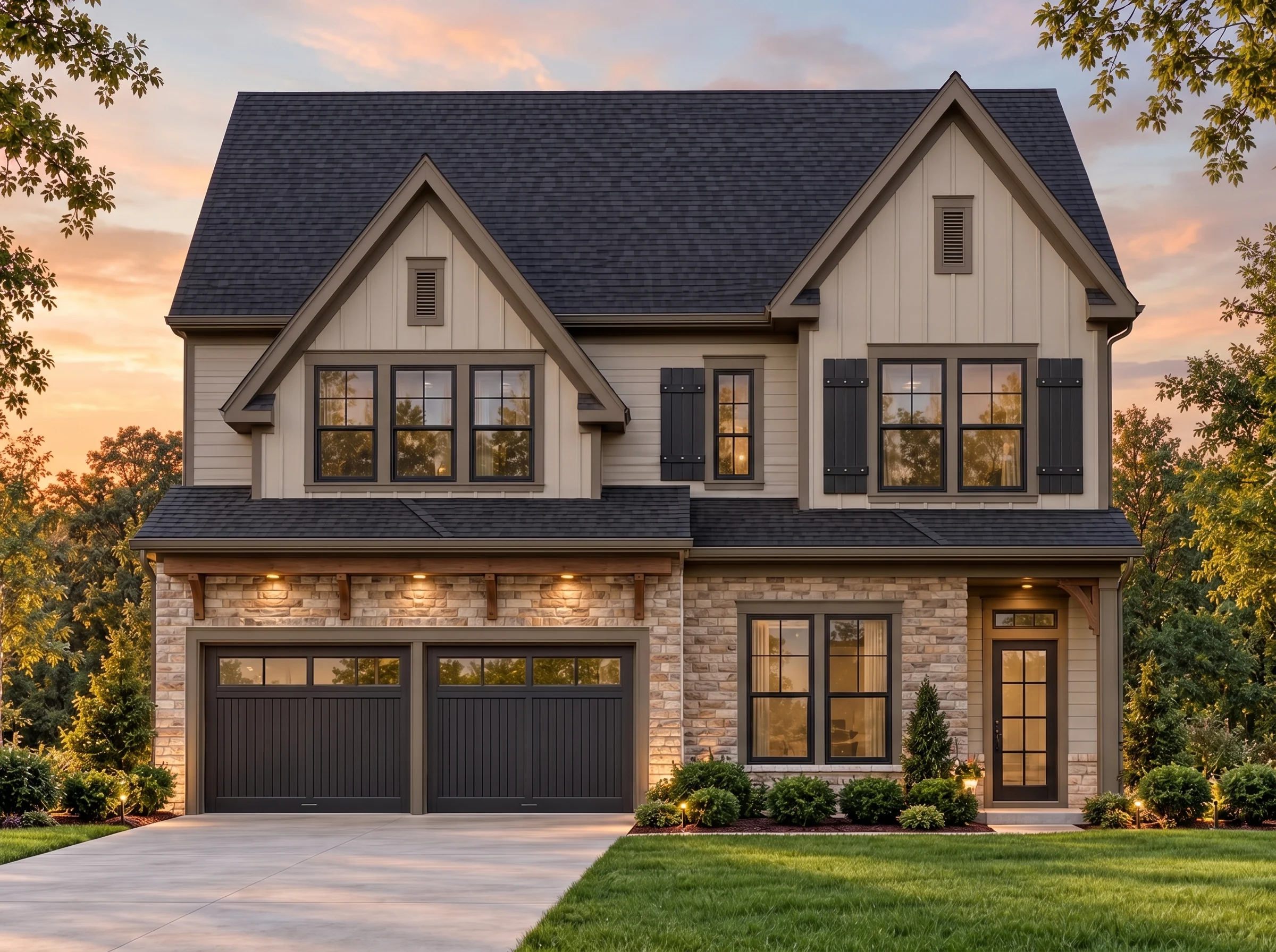 Plan  15-1791 – Luxe Mansion Realty  | Modern Farmhouse – 3-Bed, 2.5-Bath, 2,184 SF - Mushroom Taupe, AI-generated exterior concept