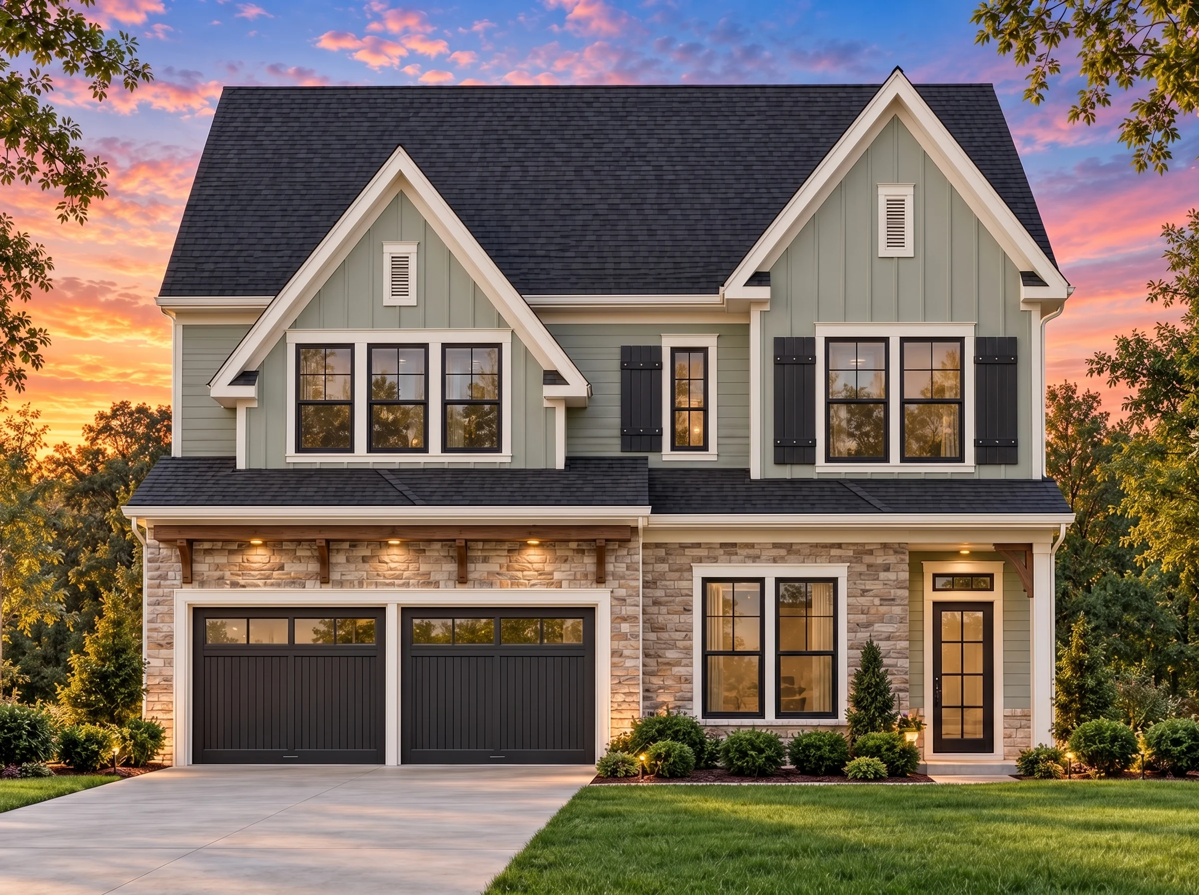 Plan  15-1791 – Luxe Mansion Realty  | Modern Farmhouse – 3-Bed, 2.5-Bath, 2,184 SF - Muted Sage, AI-generated exterior concept