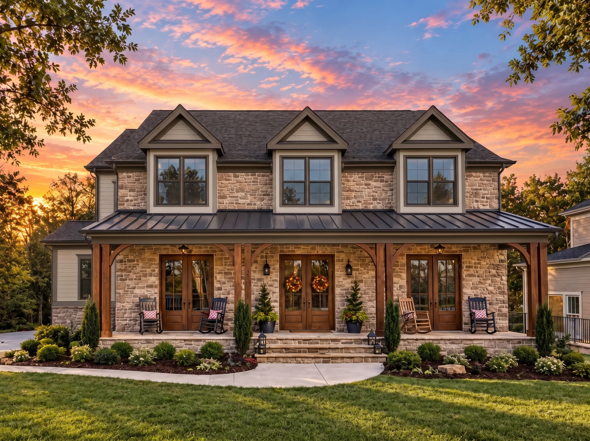 Plan  15-1785 – Auburn Field Villa |  Southern Farmhouse – 5-Bed, 5-Bath, 4,400 SF - Mushroom Taupe, AI-generated exterior concept