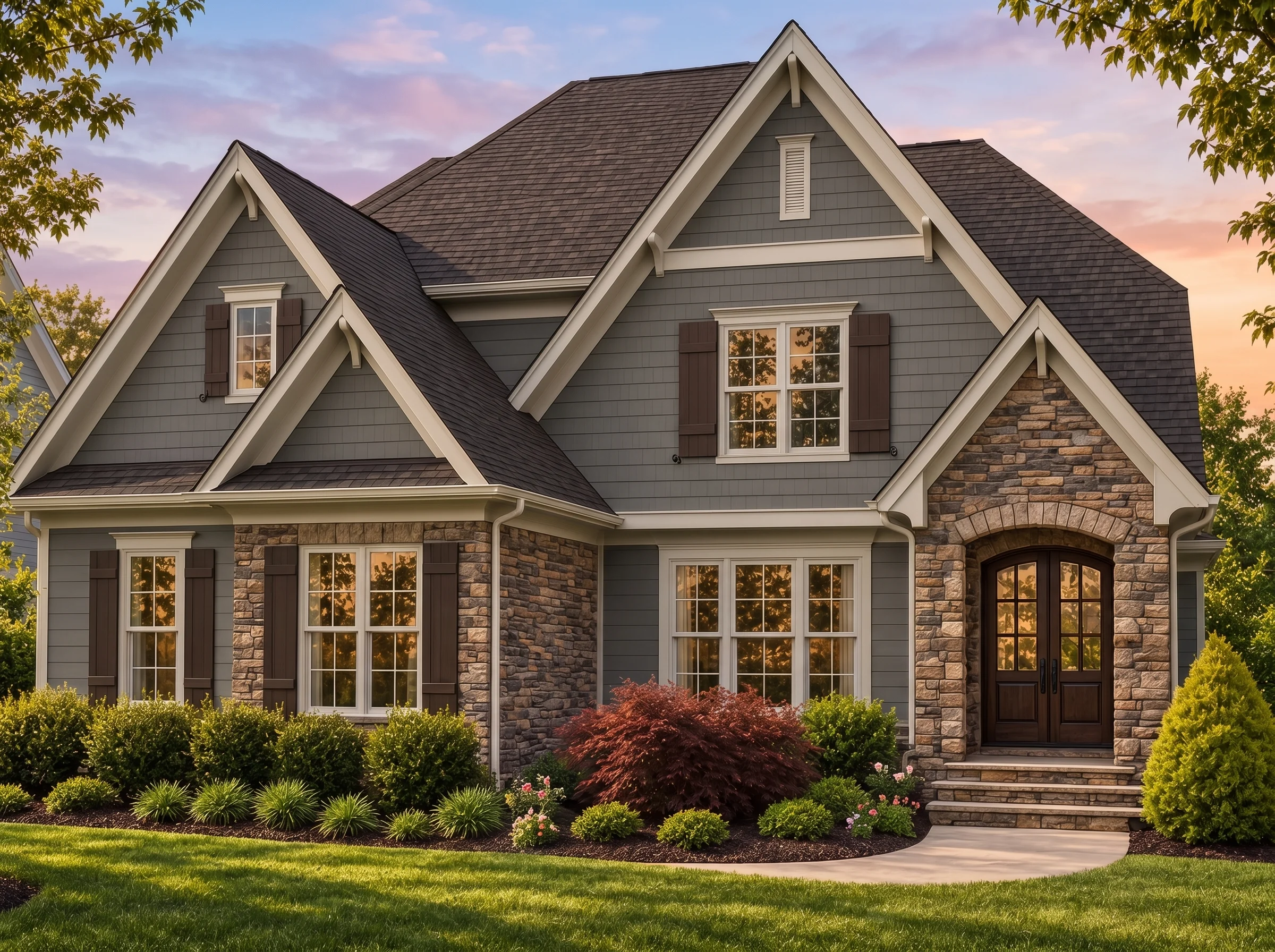 Plan  15-1783 – Aster View Hall |  New American – 3-Bed, 3.5-Bath, 6,172 SF - Warm Charcoal, AI-generated exterior concept