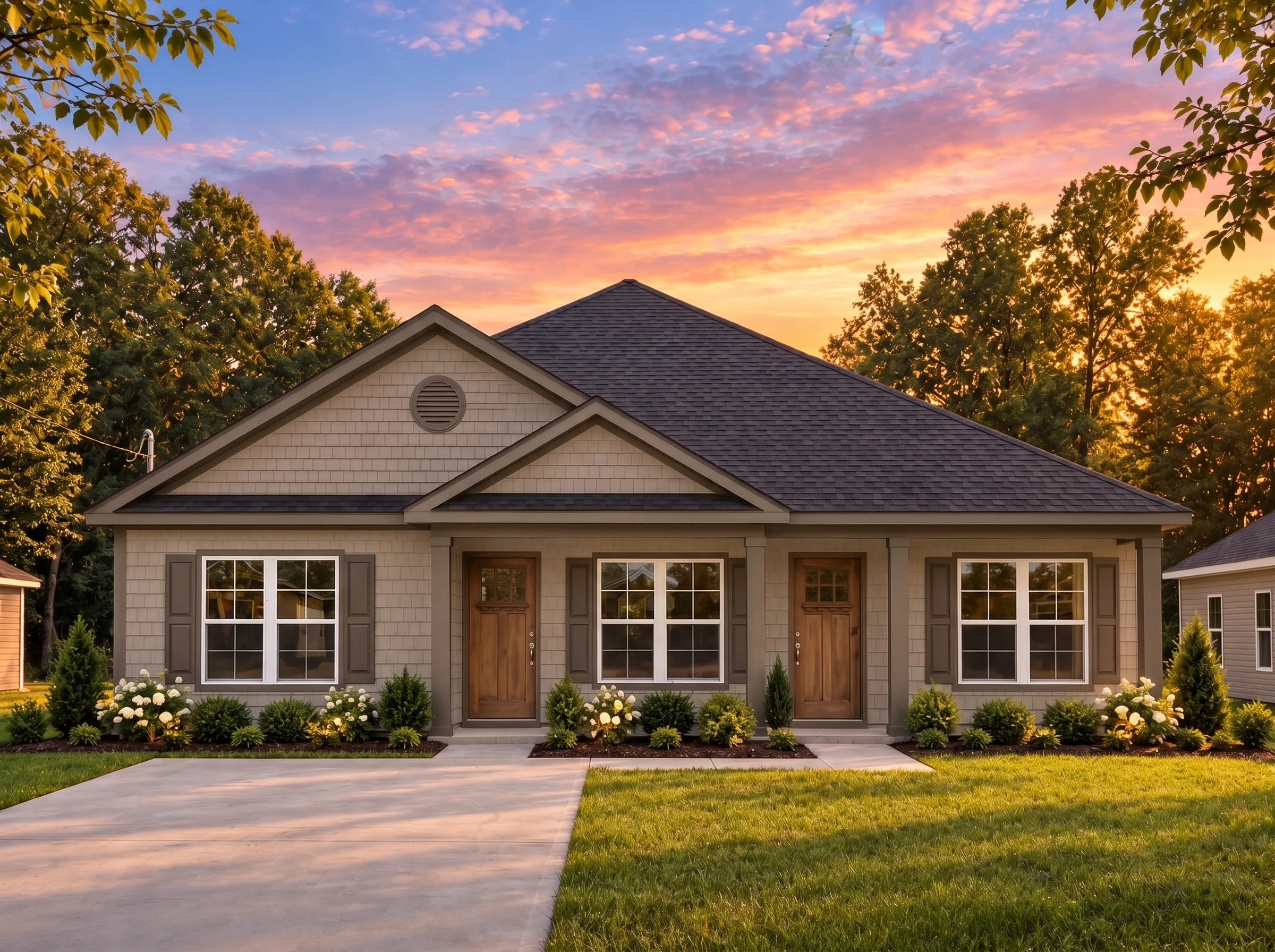 Plan  15-1784A – CoveHomeSecure |  Traditional Ranch – 3-Bed, 2-Bath, 2,140 SF - Mushroom Taupe, AI-generated exterior concept