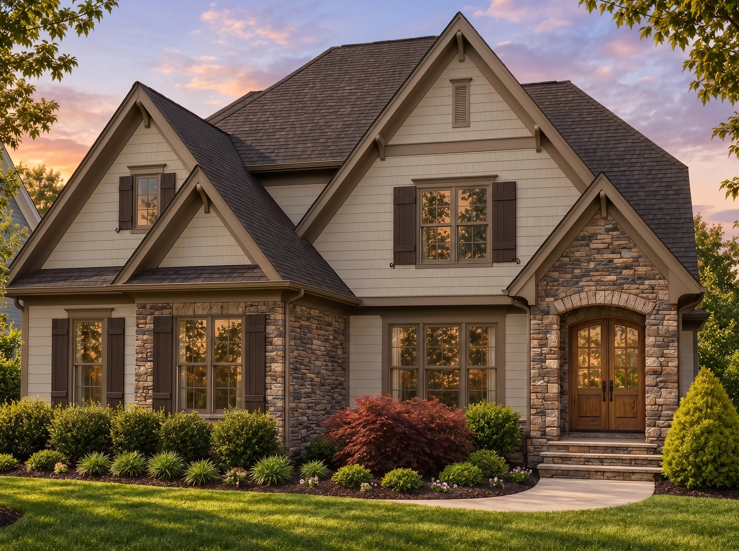 Plan  15-1783 – Aster View Hall |  New American – 3-Bed, 3.5-Bath, 6,172 SF - Mushroom Taupe, AI-generated exterior concept
