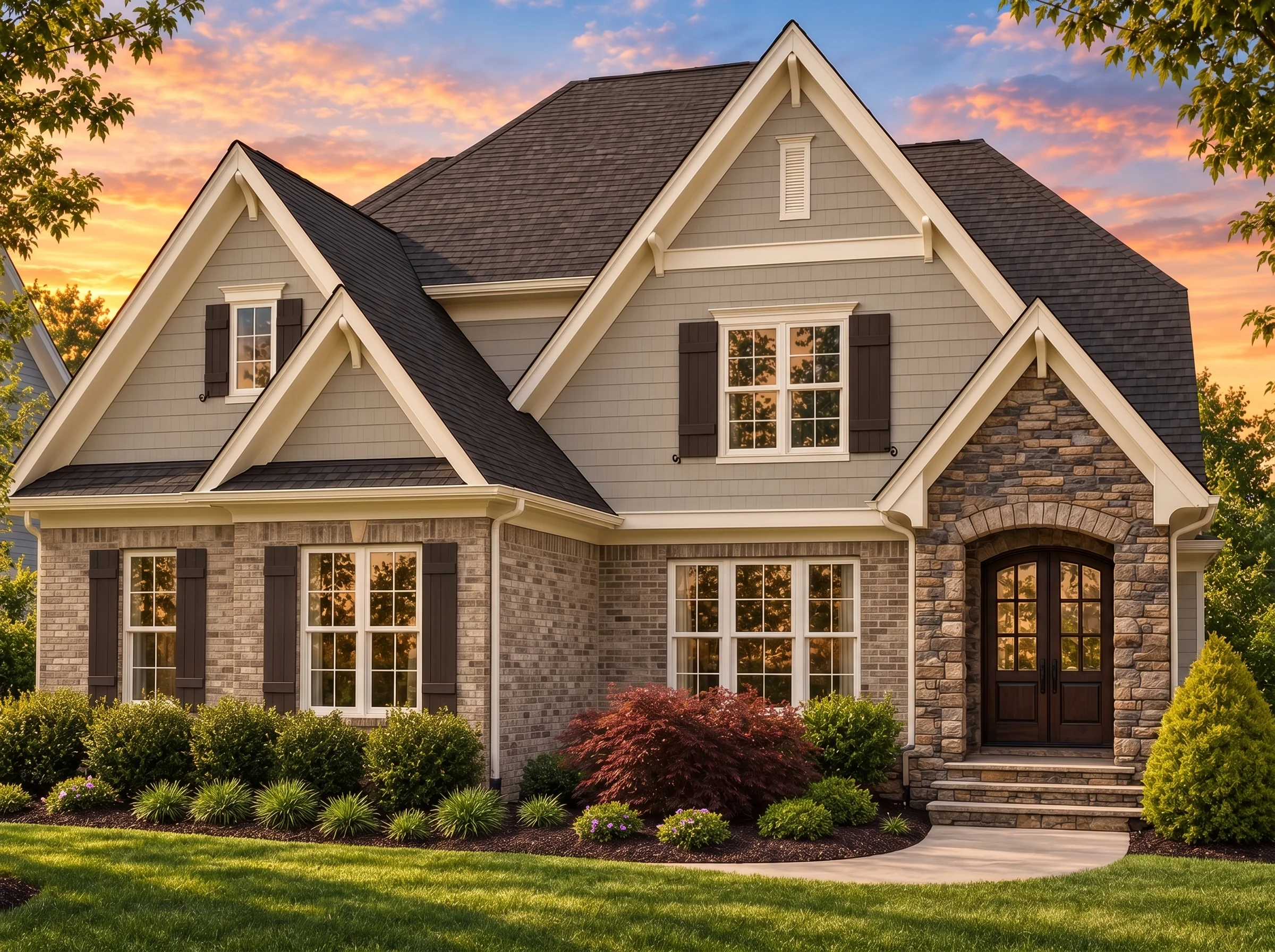 Plan  15-1783 – Aster View Hall |  New American – 3-Bed, 3.5-Bath, 6,172 SF - Natural Brick, AI-generated exterior concept