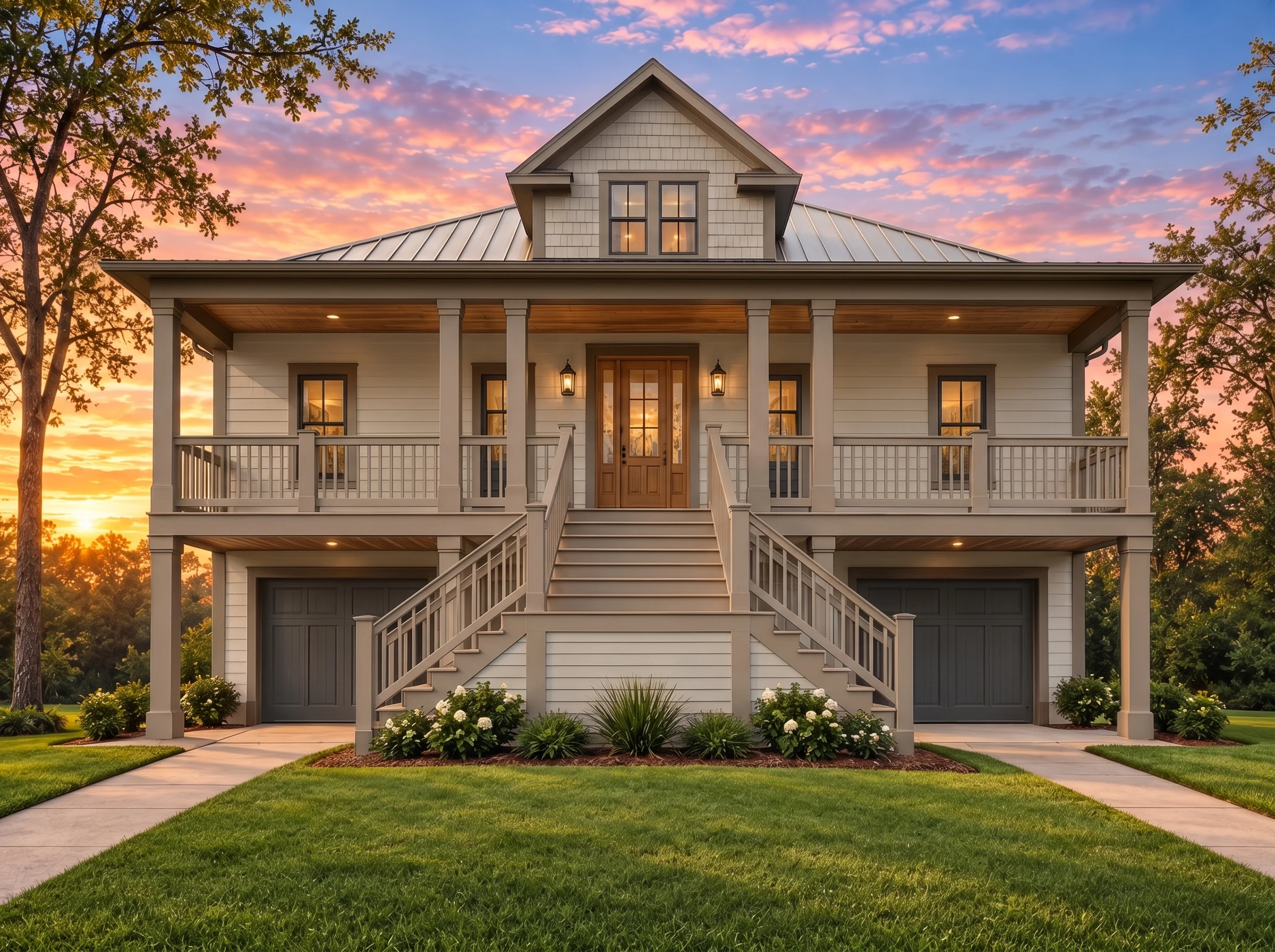Plan  15-1770 – Auburn Bluff Chalet  | Low Country – 3-Bed, 3.5-Bath, 3,377 SF - Mushroom Taupe, AI-generated exterior concept