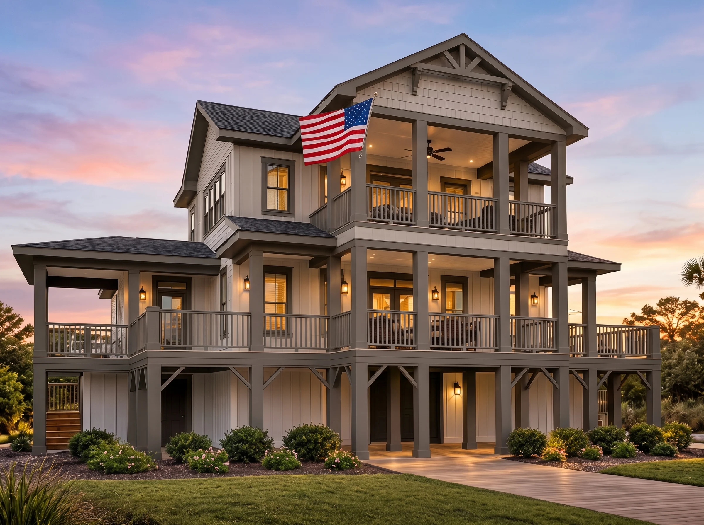 Plan  15-1769 – Aster Pointe Manor |  Coastal Traditional – 4-Bed, 3-Bath, 3,411 SF - Mushroom Taupe, AI-generated exterior concept
