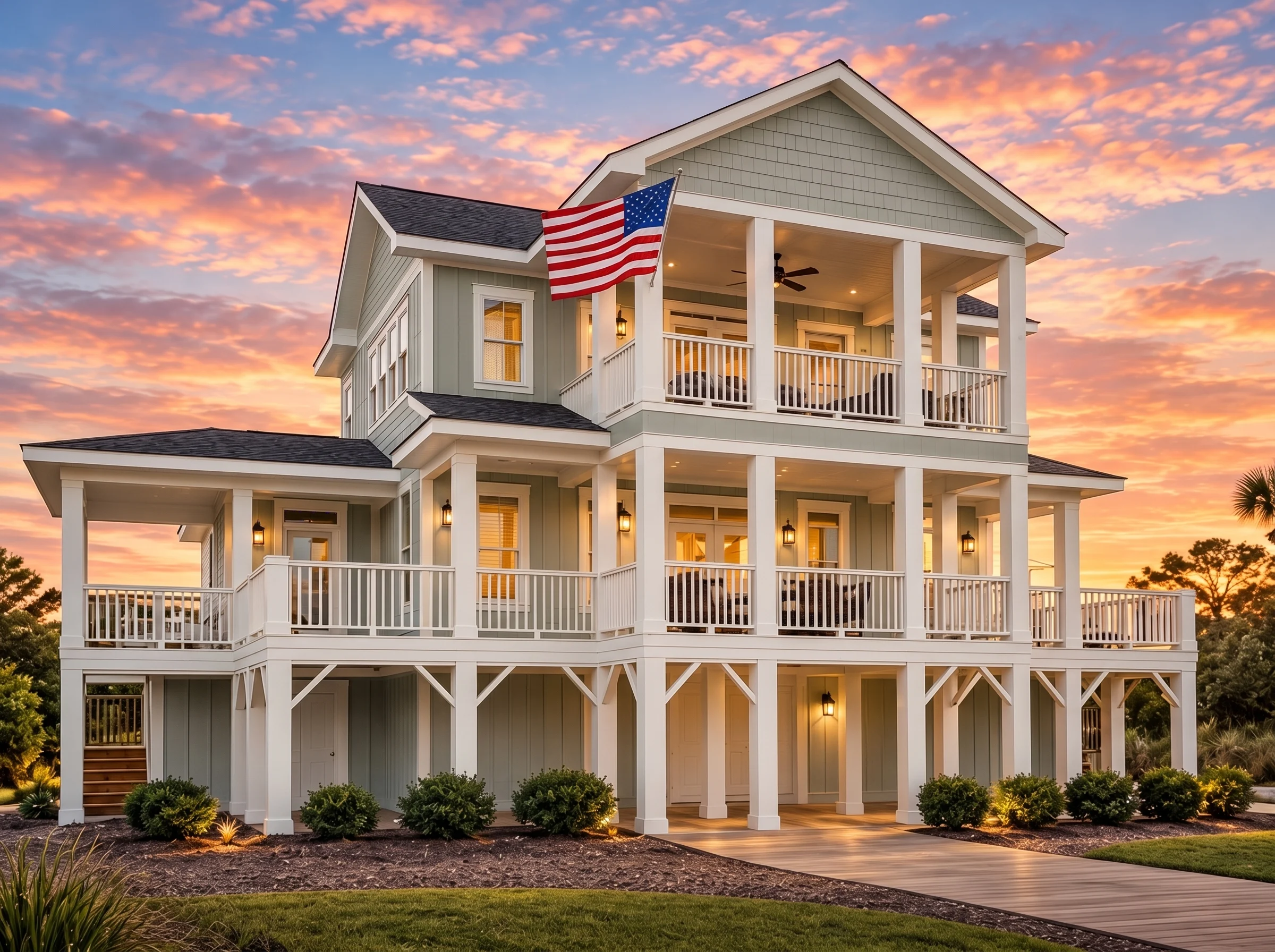 Plan  15-1769 – Aster Pointe Manor |  Coastal Traditional – 4-Bed, 3-Bath, 3,411 SF - Muted Sage, AI-generated exterior concept