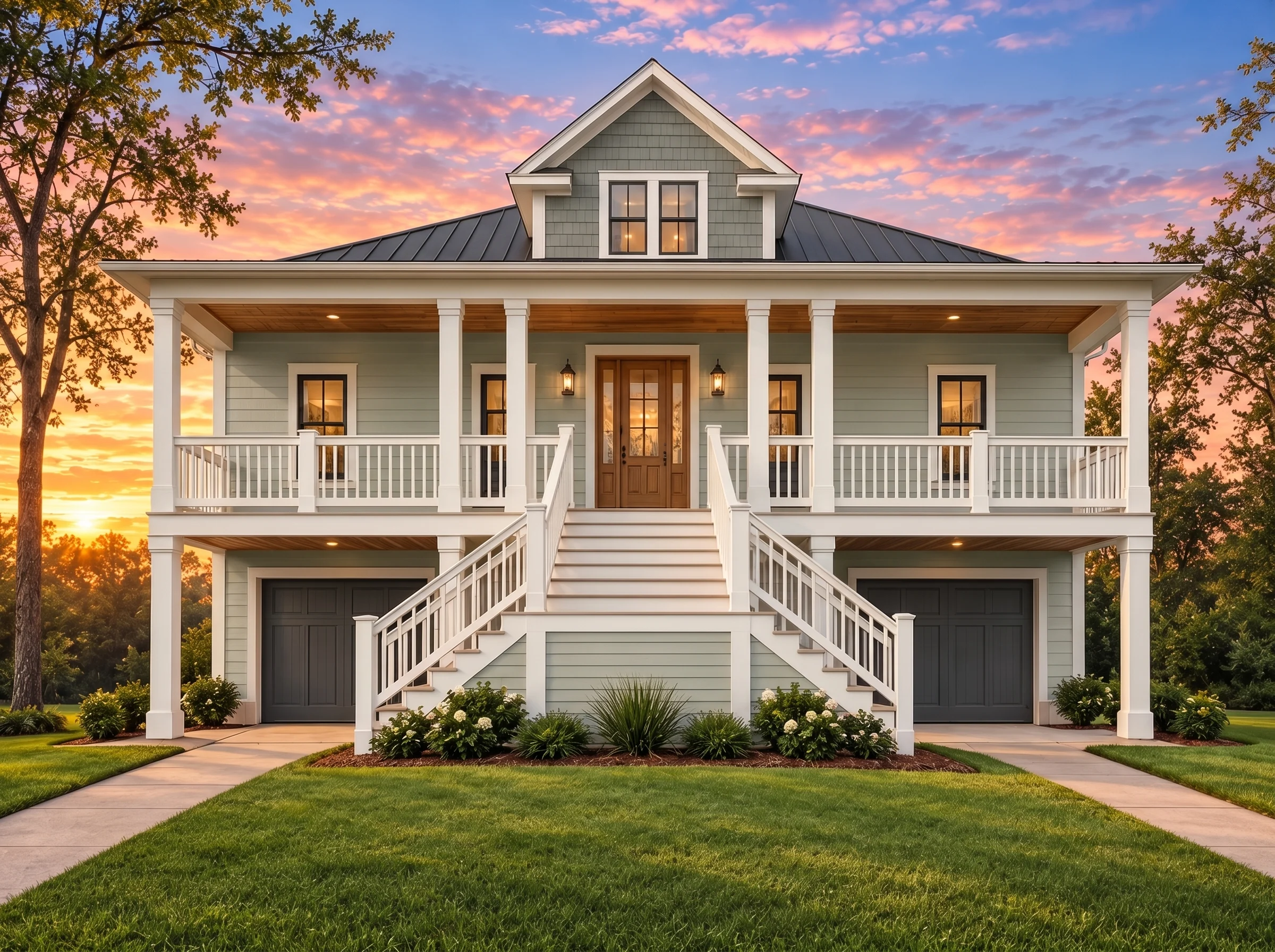 Plan  15-1770 – Auburn Bluff Chalet  | Low Country – 3-Bed, 3.5-Bath, 3,377 SF - Muted Sage, AI-generated exterior concept