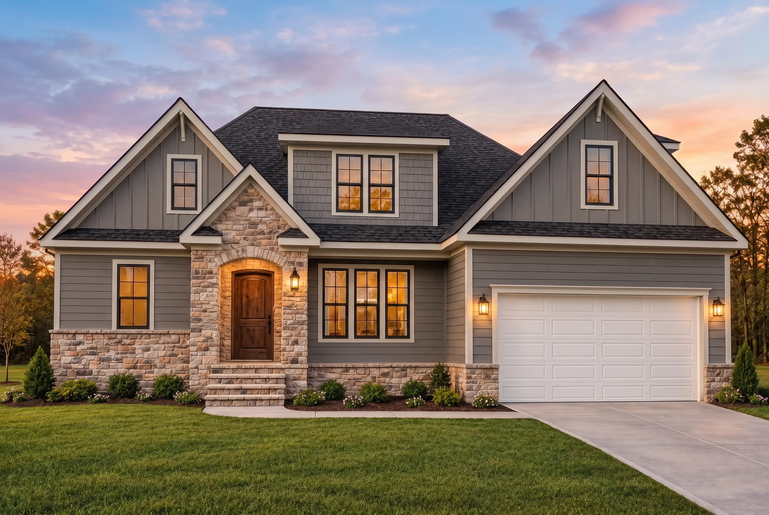Plan  15-1744 – Auburn Heights Farm  | New American – 4-Bed, 3.5-Bath, 3,084 SF - Warm Charcoal, AI-generated exterior concept