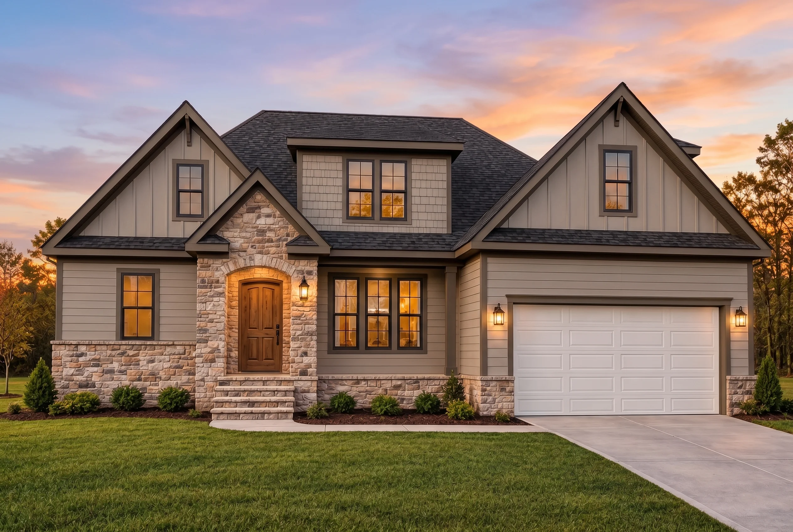 Plan  15-1744 – Auburn Heights Farm  | New American – 4-Bed, 3.5-Bath, 3,084 SF - Mushroom Taupe, AI-generated exterior concept