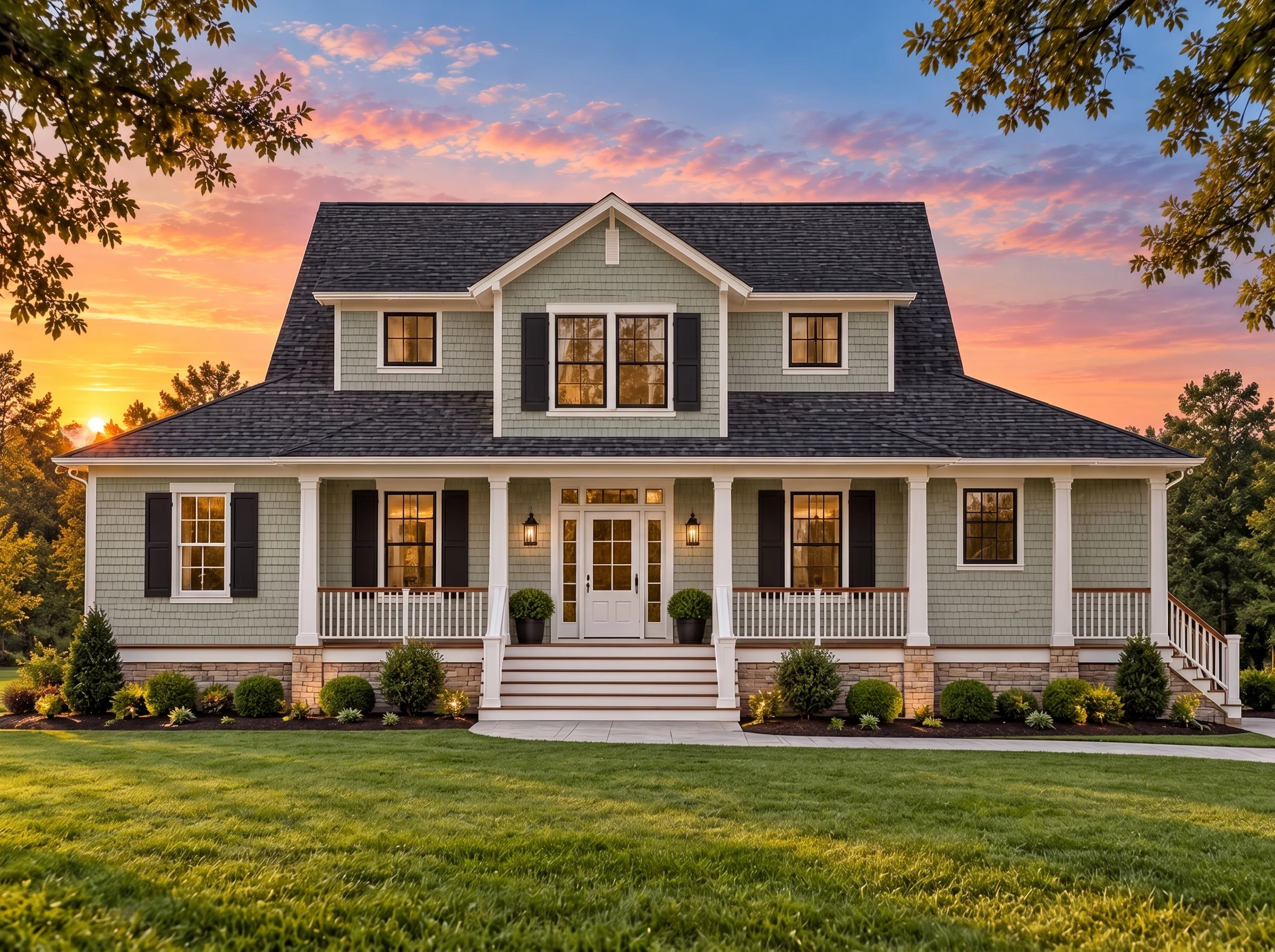 Plan  15-1805 – Ohio Buckeye | Cape  Cod – 4-Bed, 3.5-Bath, 2,910 SF - Muted Sage, AI-generated exterior concept