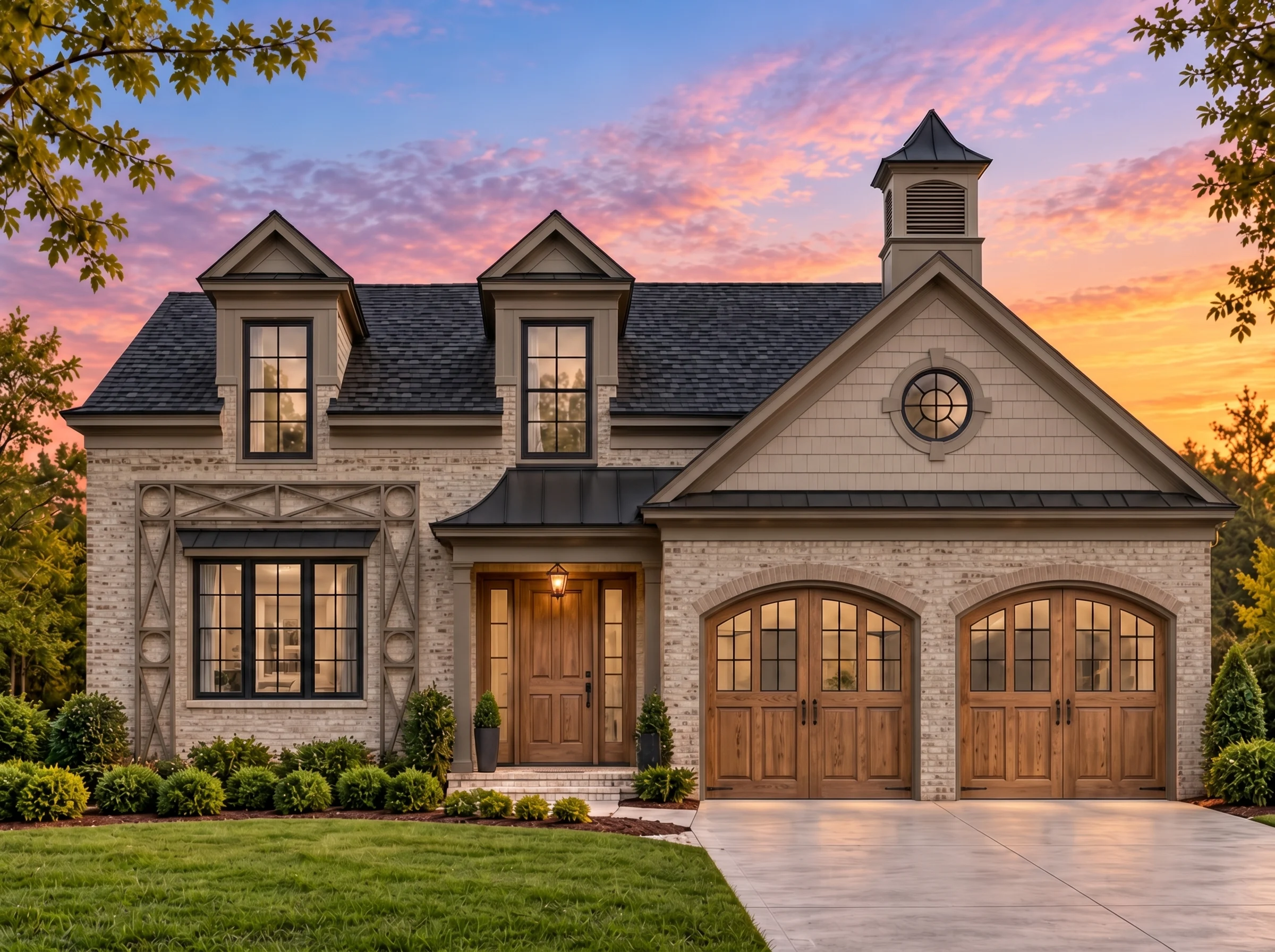 Plan  15-1833 – The Linear | French  Country – 4-Bed, 3-Bath, 3,281 SF - Mushroom Taupe, AI-generated exterior concept