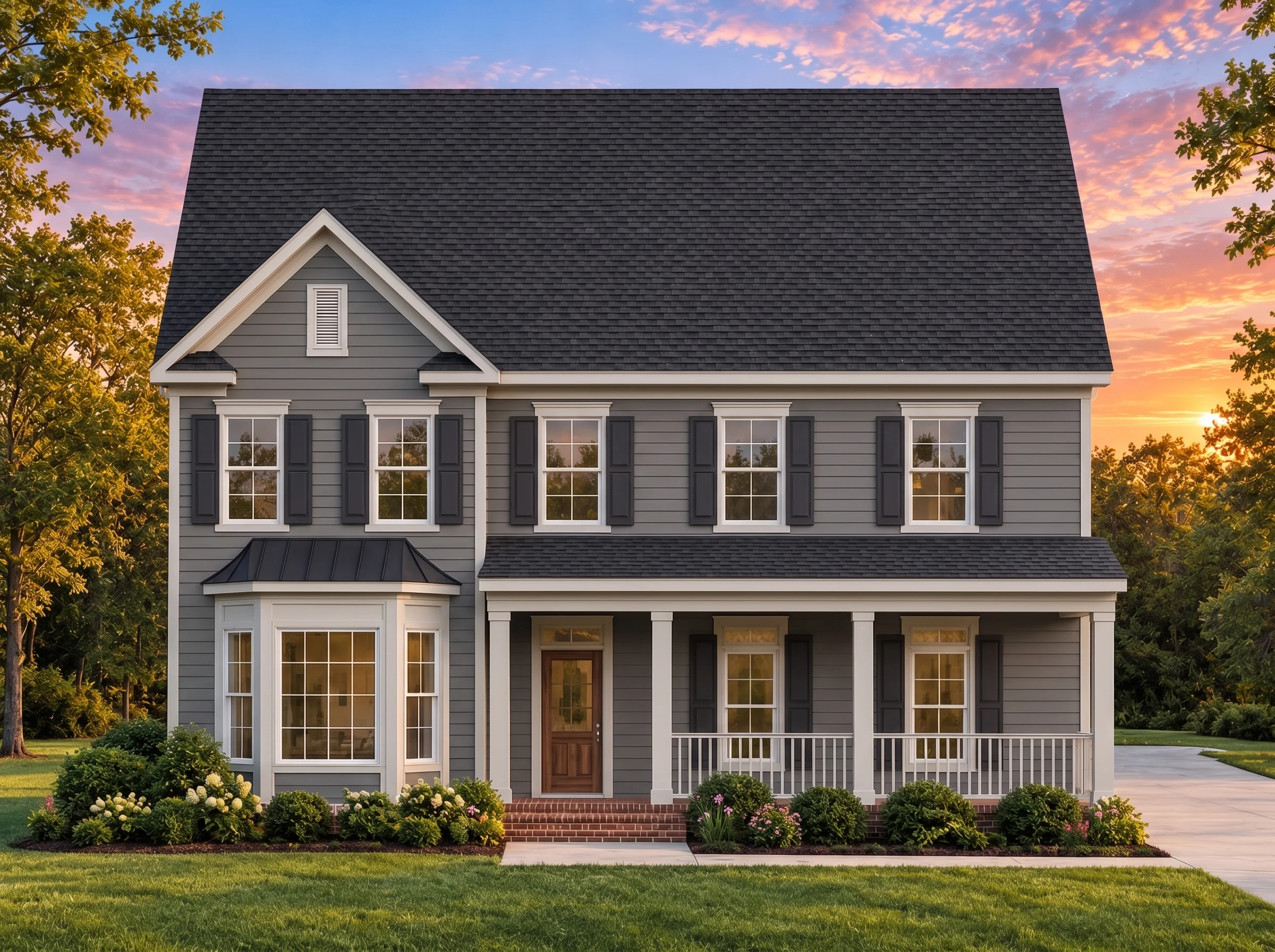 Plan  15-1864 – The Cherries |  Traditional Colonial – 4-Bed, 3.5-Bath, 1,101 SF - Warm Charcoal, AI-generated exterior concept