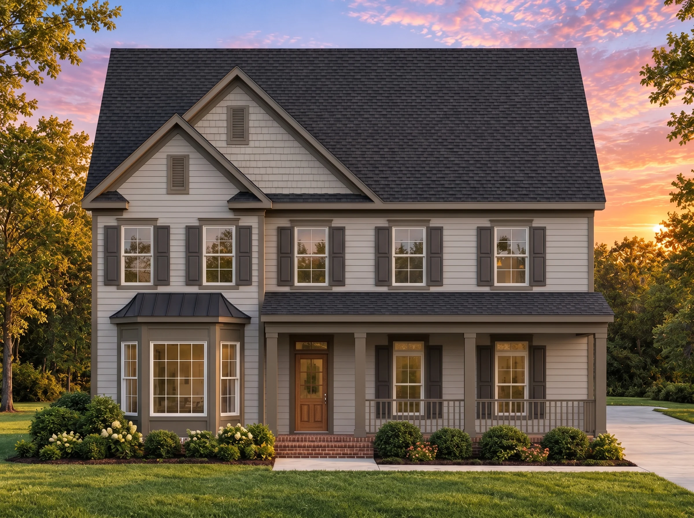 Plan  15-1864 – The Cherries |  Traditional Colonial – 4-Bed, 3.5-Bath, 1,101 SF - Mushroom Taupe, AI-generated exterior concept