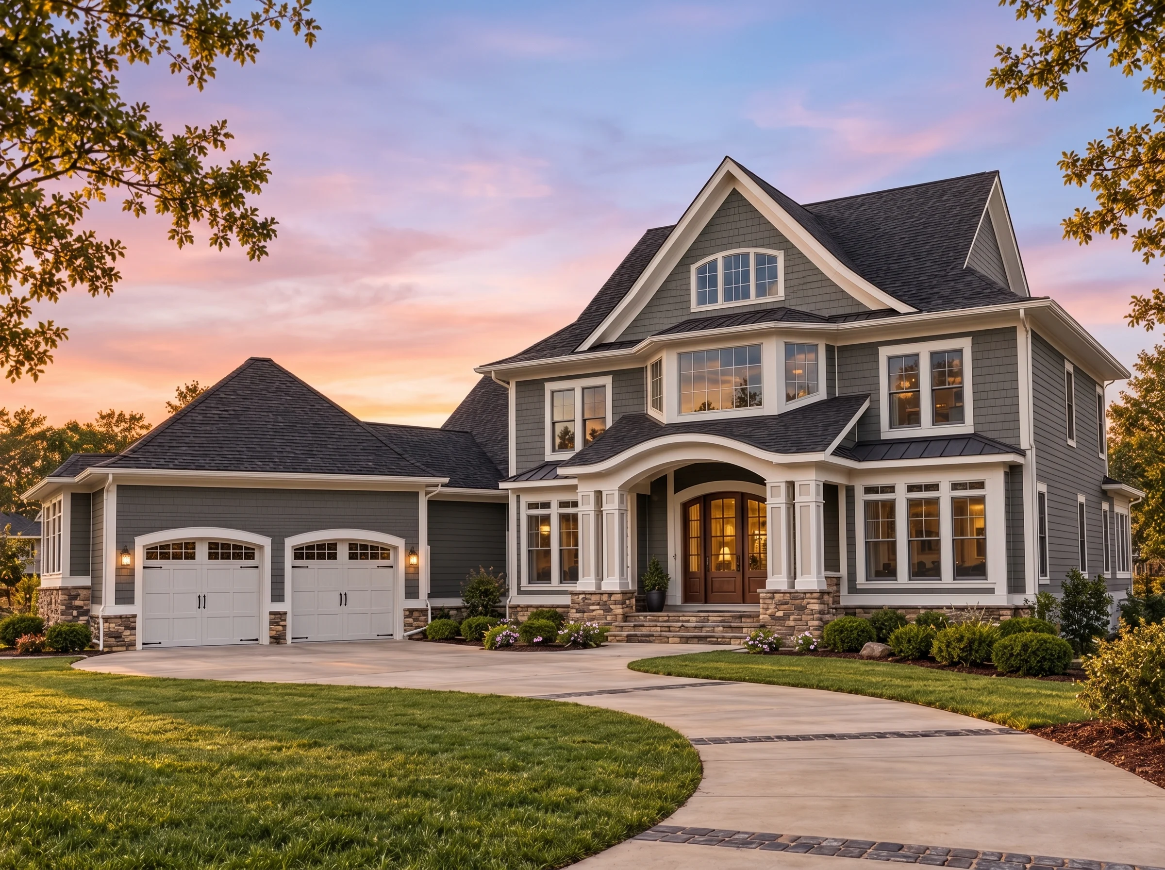 Plan  15-1876 – Auburn Harbor House  | New American – 3-Bed, 2.5-Bath, 4,109 SF - Warm Charcoal, AI-generated exterior concept