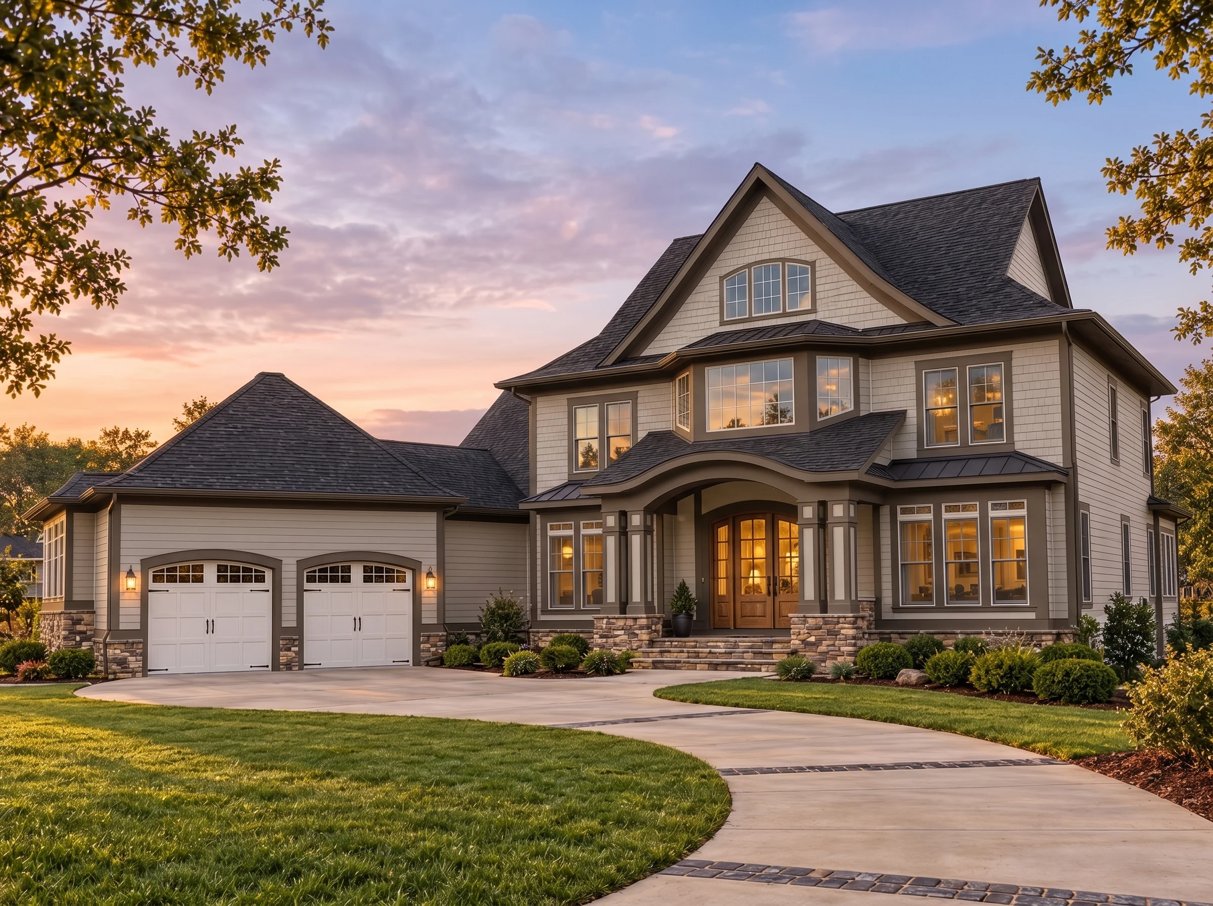 Plan  15-1876 – Auburn Harbor House  | New American – 3-Bed, 2.5-Bath, 4,109 SF - Mushroom Taupe, AI-generated exterior concept