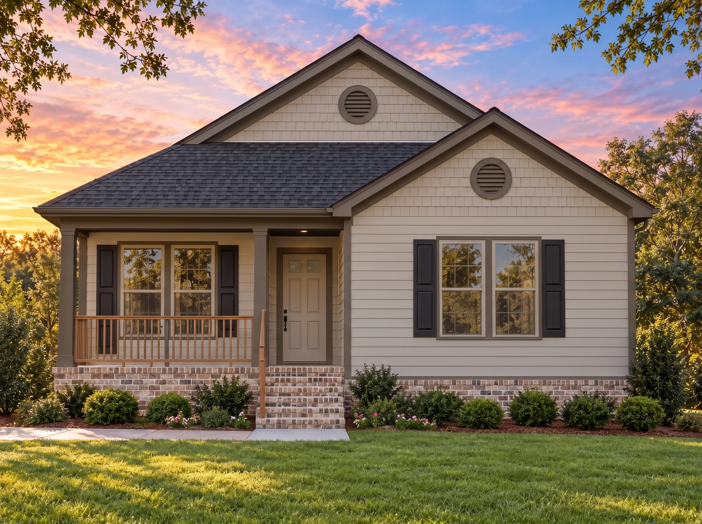 Plan  15-1898 – Dakota Basin |  American Cottage – 3-Bed, 2-Bath, 1,080 SF - Mushroom Taupe, AI-generated exterior concept