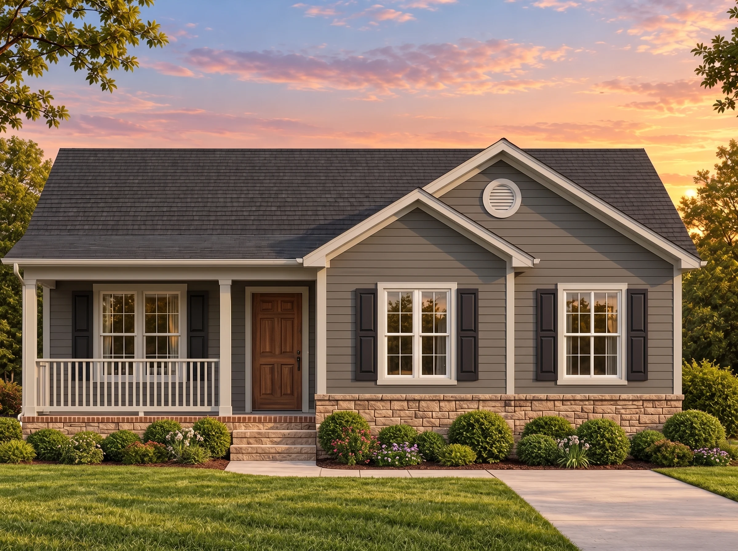 Plan  15-1902 – Auburn Station Lodge  | Traditional Ranch – 3-Bed, 2-Bath, 1,459 SF - Warm Charcoal, AI-generated exterior concept