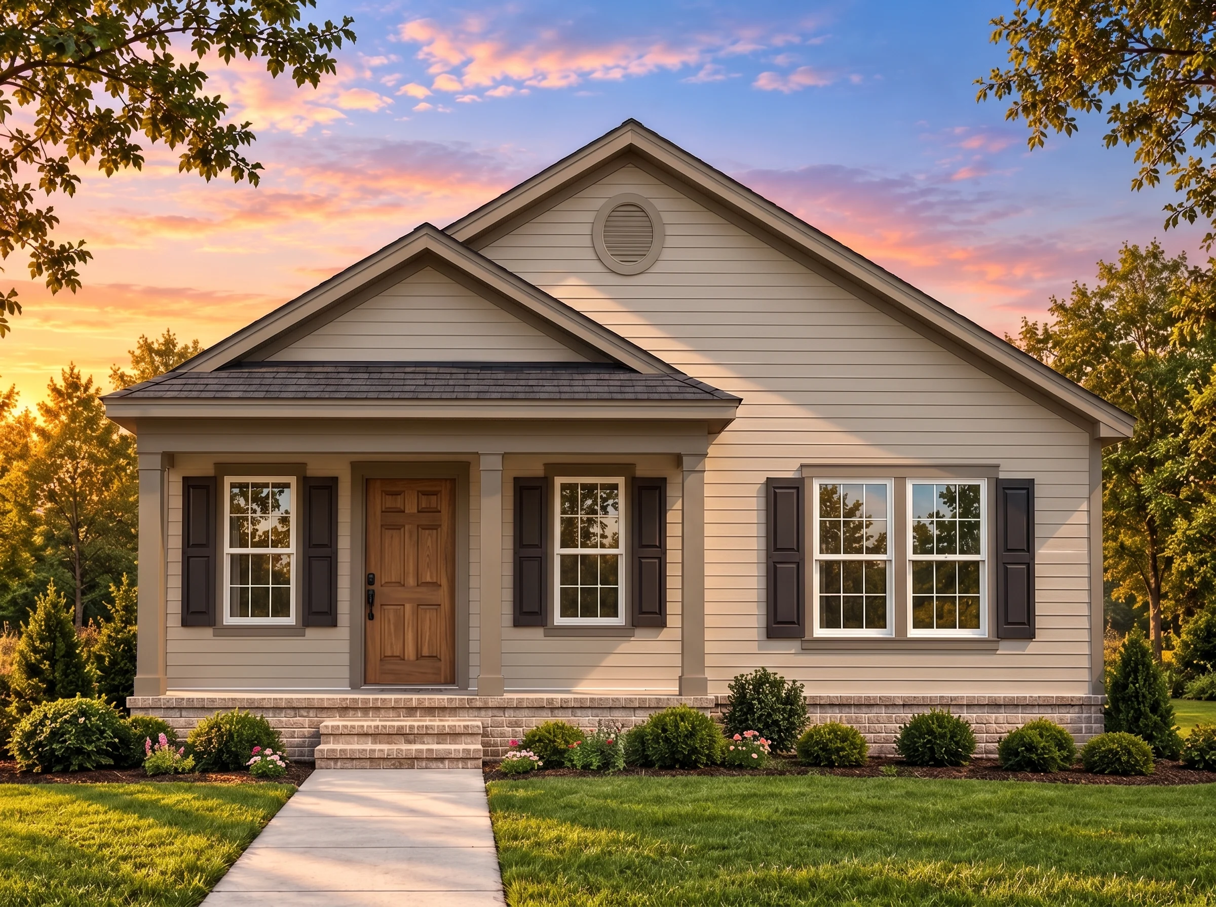 Plan  15-1901 – Martin Crossing |  Traditional Suburban – 3-Bed, 2-Bath, 1,130 SF - Mushroom Taupe, AI-generated exterior concept