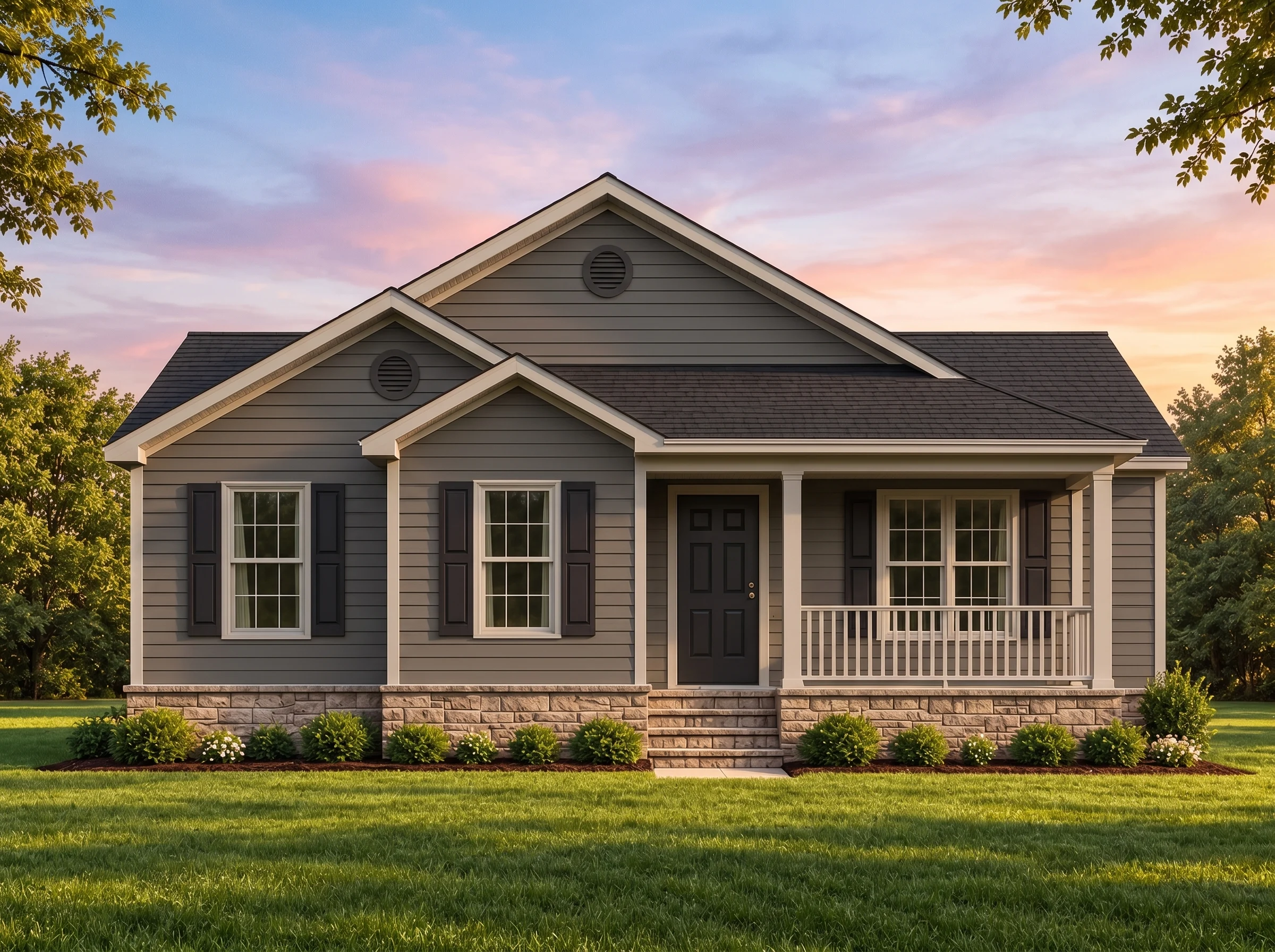 Plan  15-1903 – Cambridge House |  Traditional Ranch – 6-Bed, 2-Bath, 1,673 SF - Warm Charcoal, AI-generated exterior concept