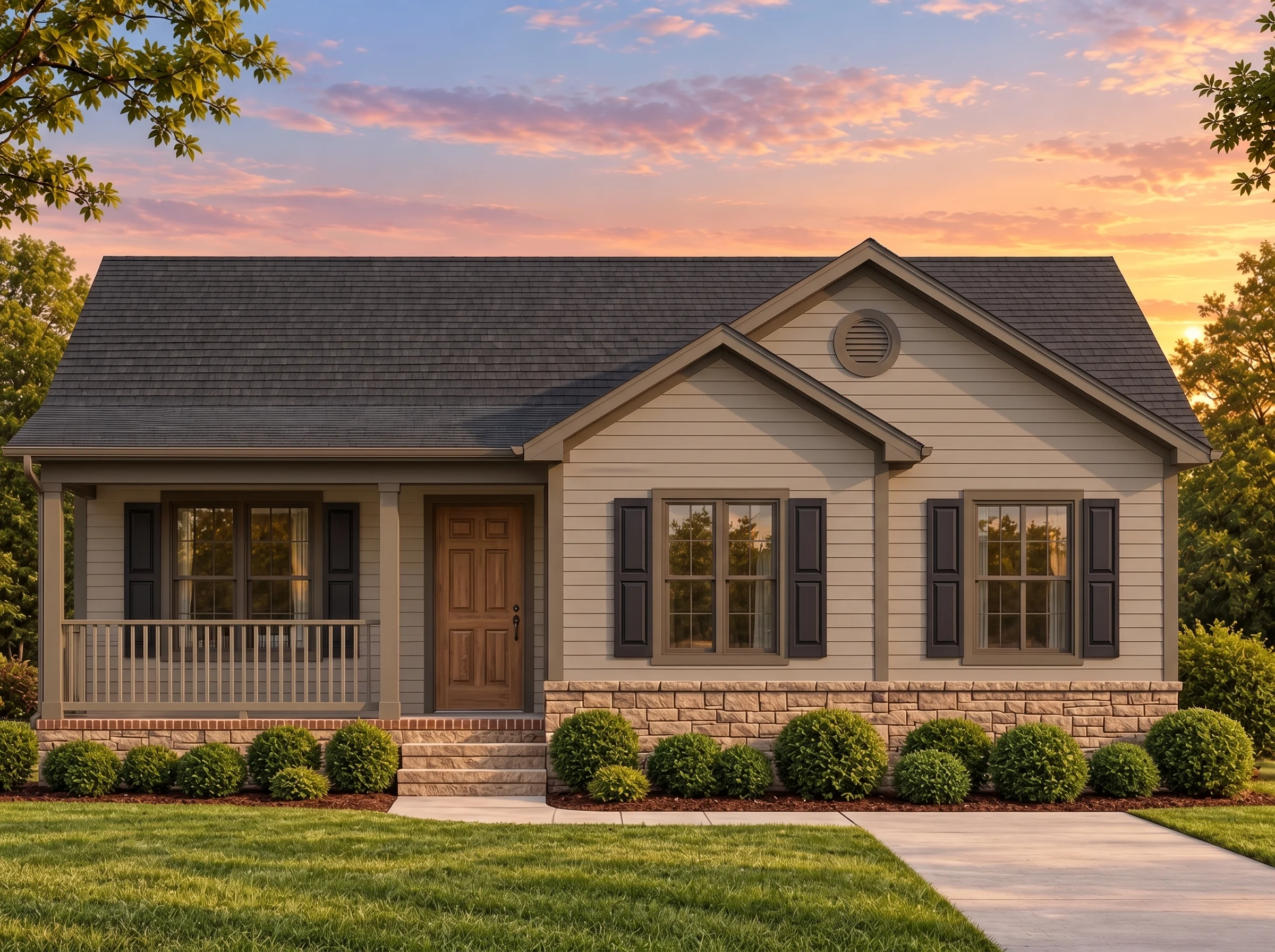 Plan  15-1902 – Auburn Station Lodge  | Traditional Ranch – 3-Bed, 2-Bath, 1,459 SF - Mushroom Taupe, AI-generated exterior concept