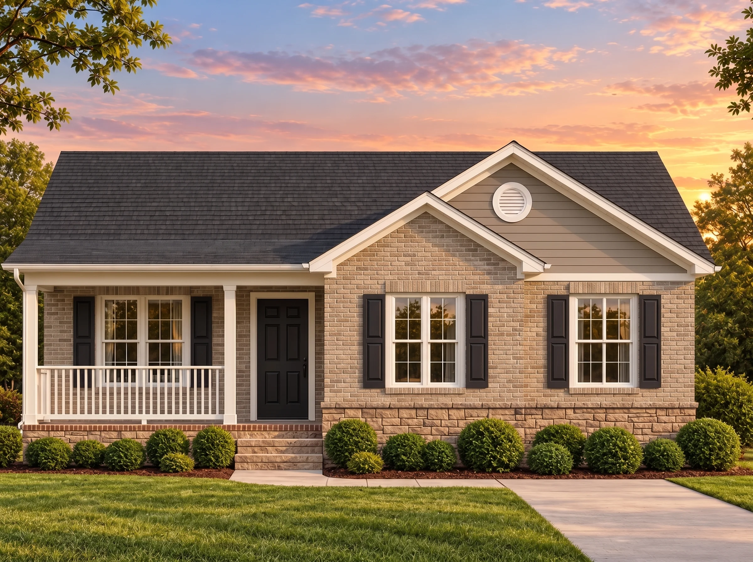 Plan  15-1902 – Auburn Station Lodge  | Traditional Ranch – 3-Bed, 2-Bath, 1,459 SF - Natural Brick, AI-generated exterior concept