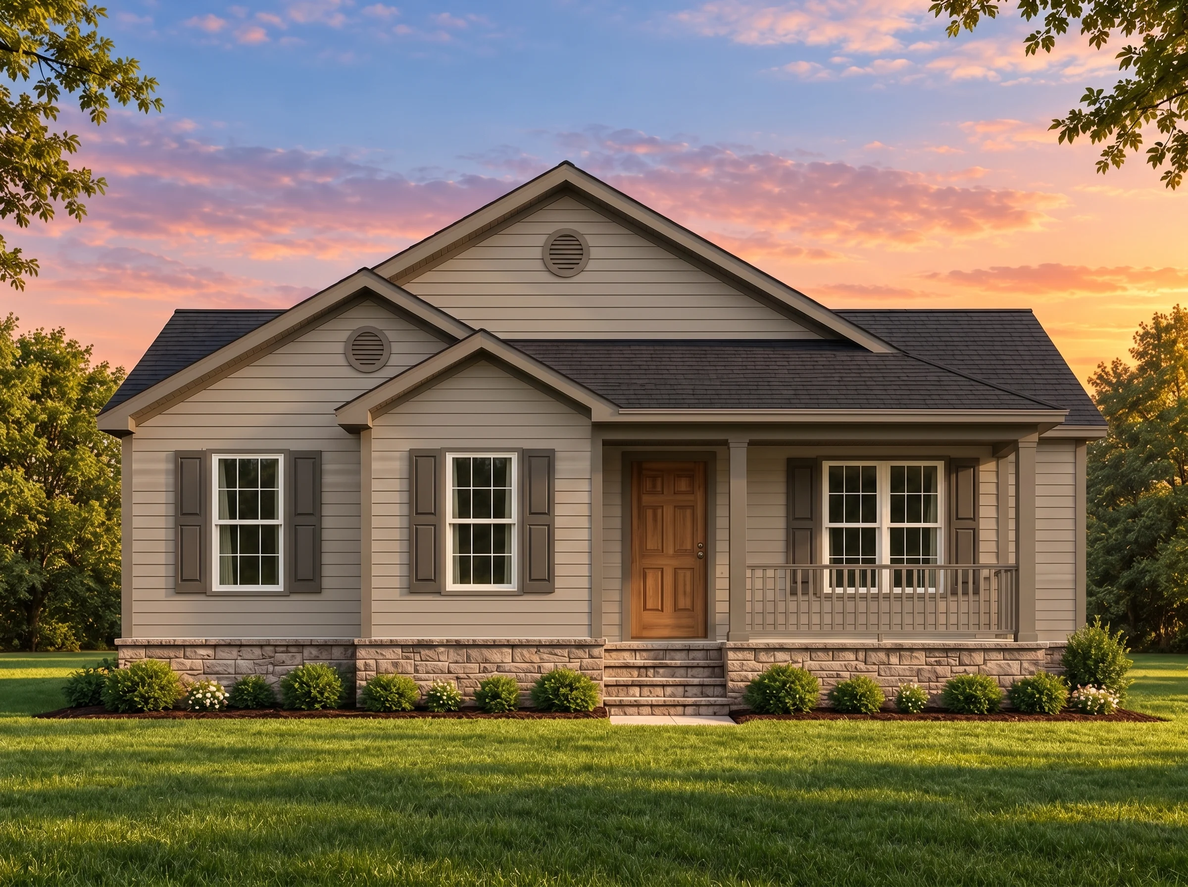 Plan  15-1903 – Cambridge House |  Traditional Ranch – 6-Bed, 2-Bath, 1,673 SF - Mushroom Taupe, AI-generated exterior concept