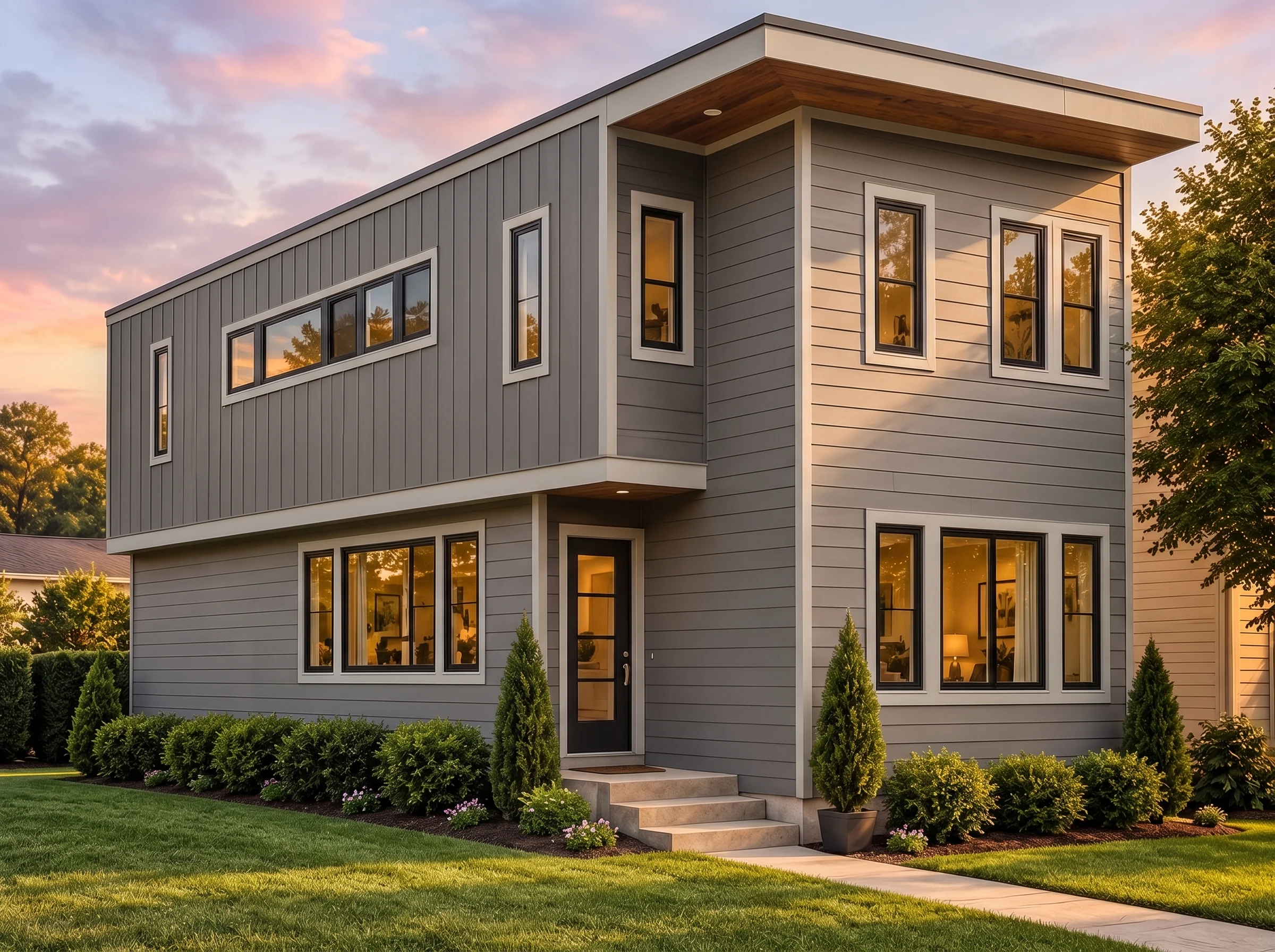 Plan  15-1907 – Michigan River |  Modern – 2-Bed, 2.5-Bath, 1,956 SF - Warm Charcoal, AI-generated exterior concept