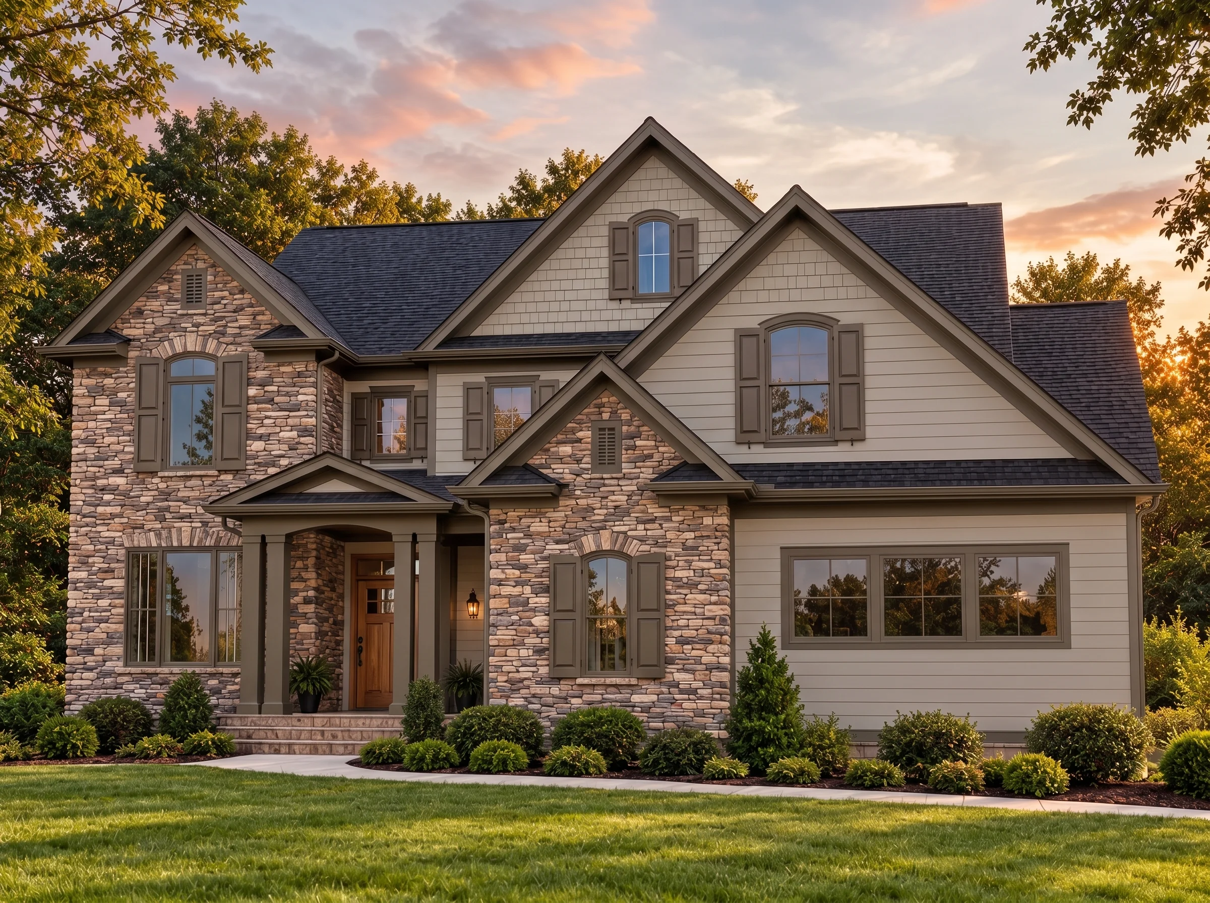 Plan  15-1906 – The Martinez House |  Traditional – 4-Bed, 2.5-Bath, 2,526 SF - Mushroom Taupe, AI-generated exterior concept
