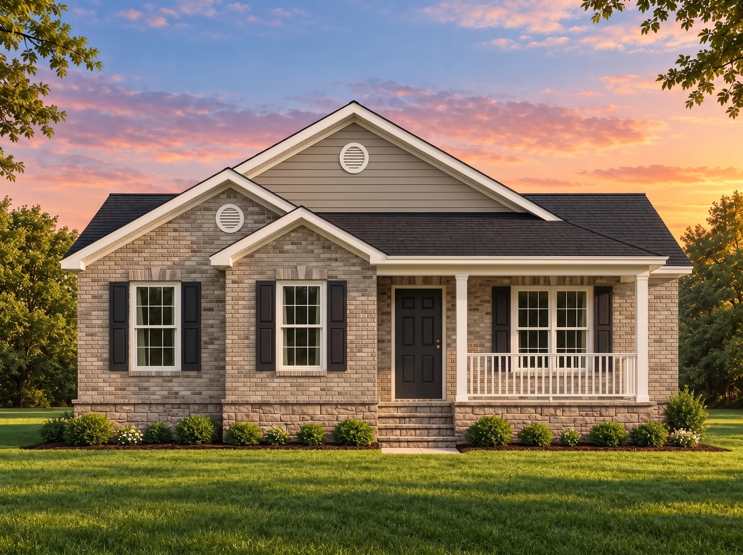 Plan  15-1903 – Cambridge House |  Traditional Ranch – 6-Bed, 2-Bath, 1,673 SF - Natural Brick, AI-generated exterior concept