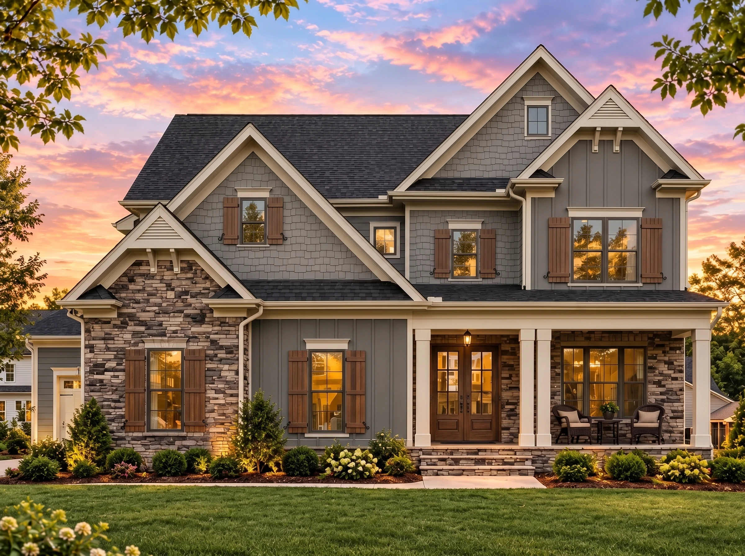 Plan  15-1920 – Aster Oak Estate |  New American – 4-Bed, 3.5-Bath, 2,919 SF - Warm Charcoal, AI-generated exterior concept
