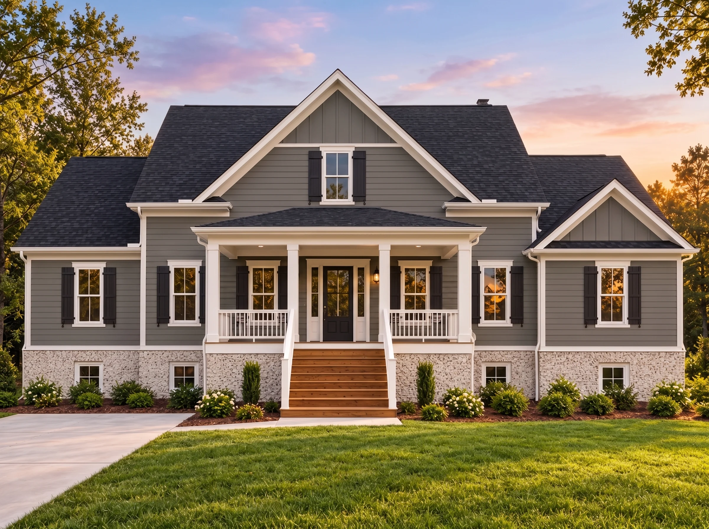 Plan  15-1925 – Auburn Brook Cottage  | Modern Farmhouse – 5-Bed, 4.5-Bath, 3,681 SF - Warm Charcoal, AI-generated exterior concept