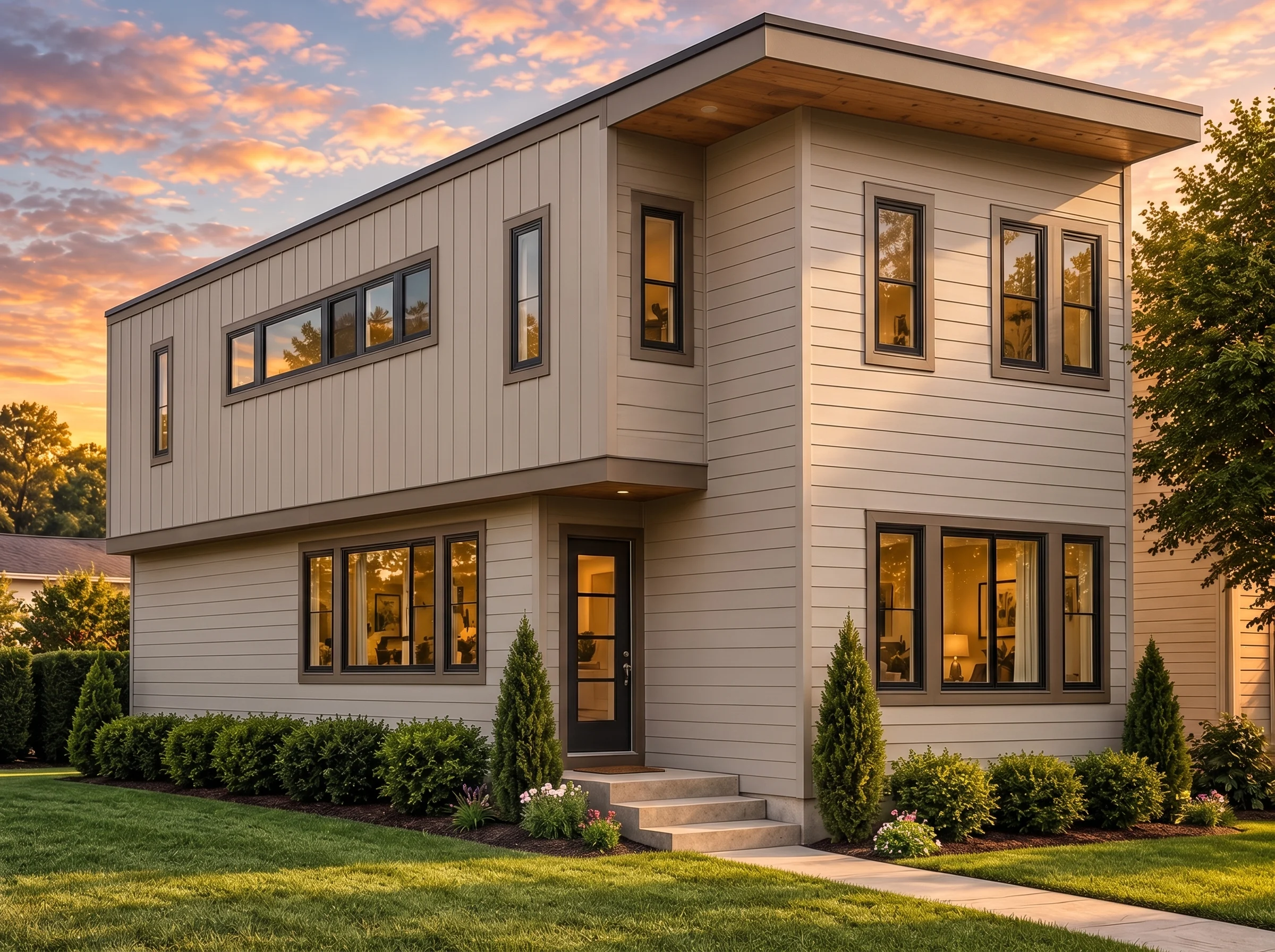 Plan  15-1907 – Michigan River |  Modern – 2-Bed, 2.5-Bath, 1,956 SF - Mushroom Taupe, AI-generated exterior concept