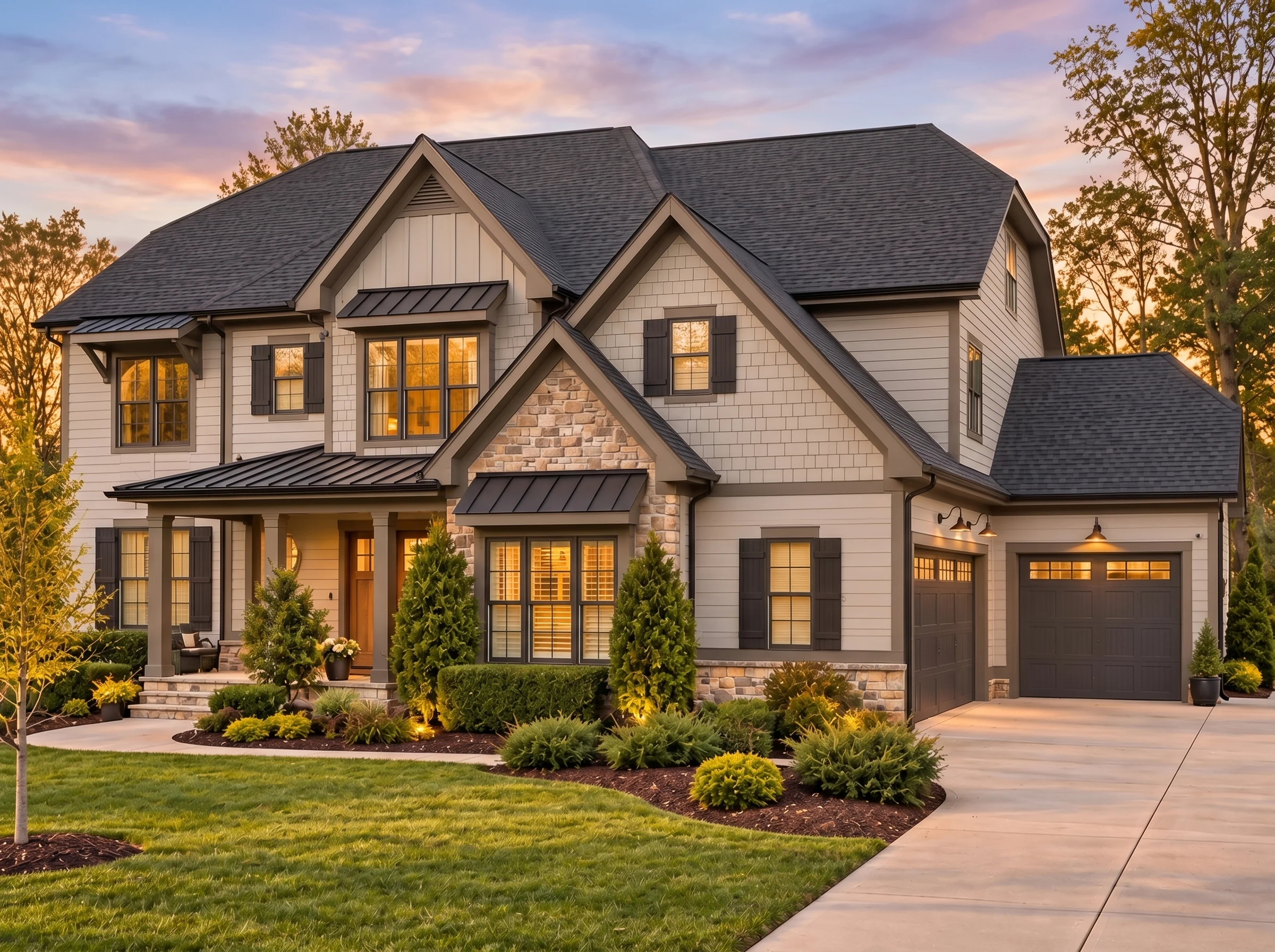 Plan  15-1919 – Robinson Place | New  American – 5-Bed, 4.5-Bath, 4,391 SF - Mushroom Taupe, AI-generated exterior concept