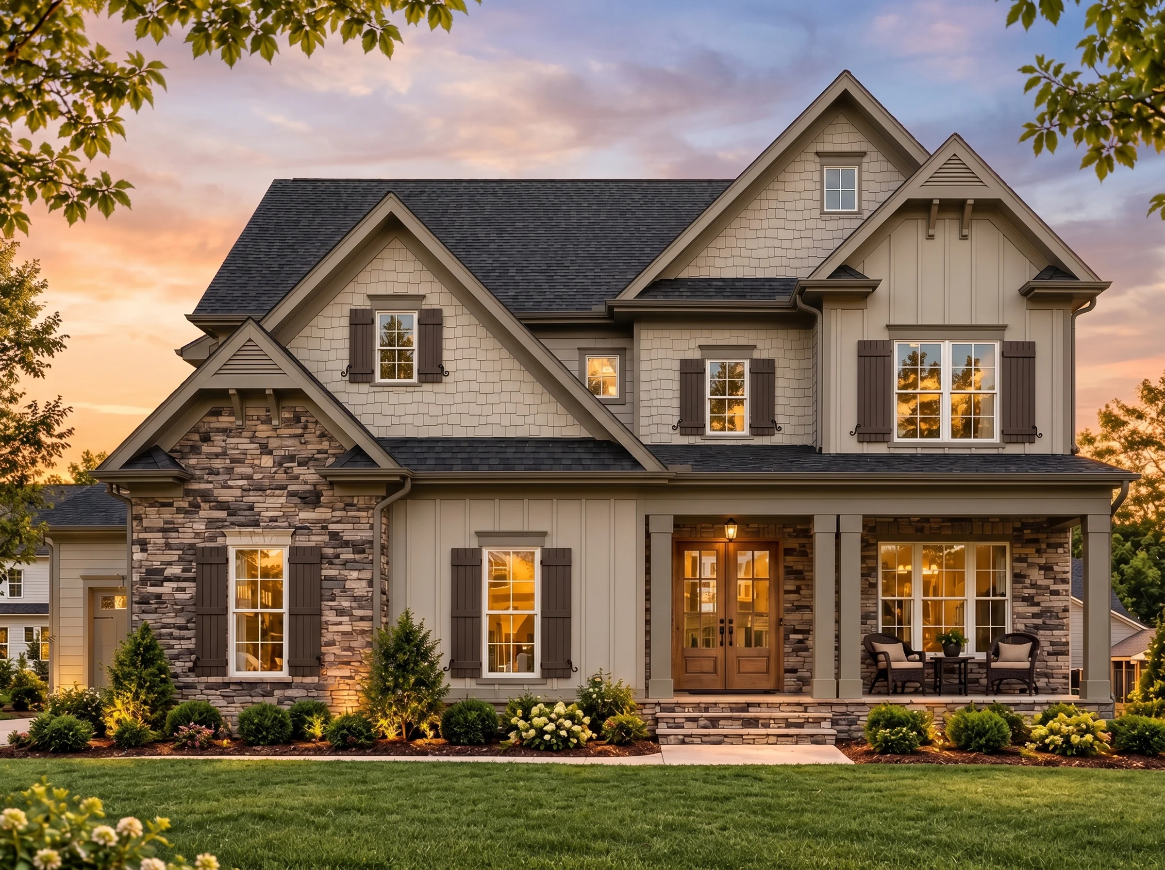 Plan  15-1920 – Aster Oak Estate |  New American – 4-Bed, 3.5-Bath, 2,919 SF - Mushroom Taupe, AI-generated exterior concept