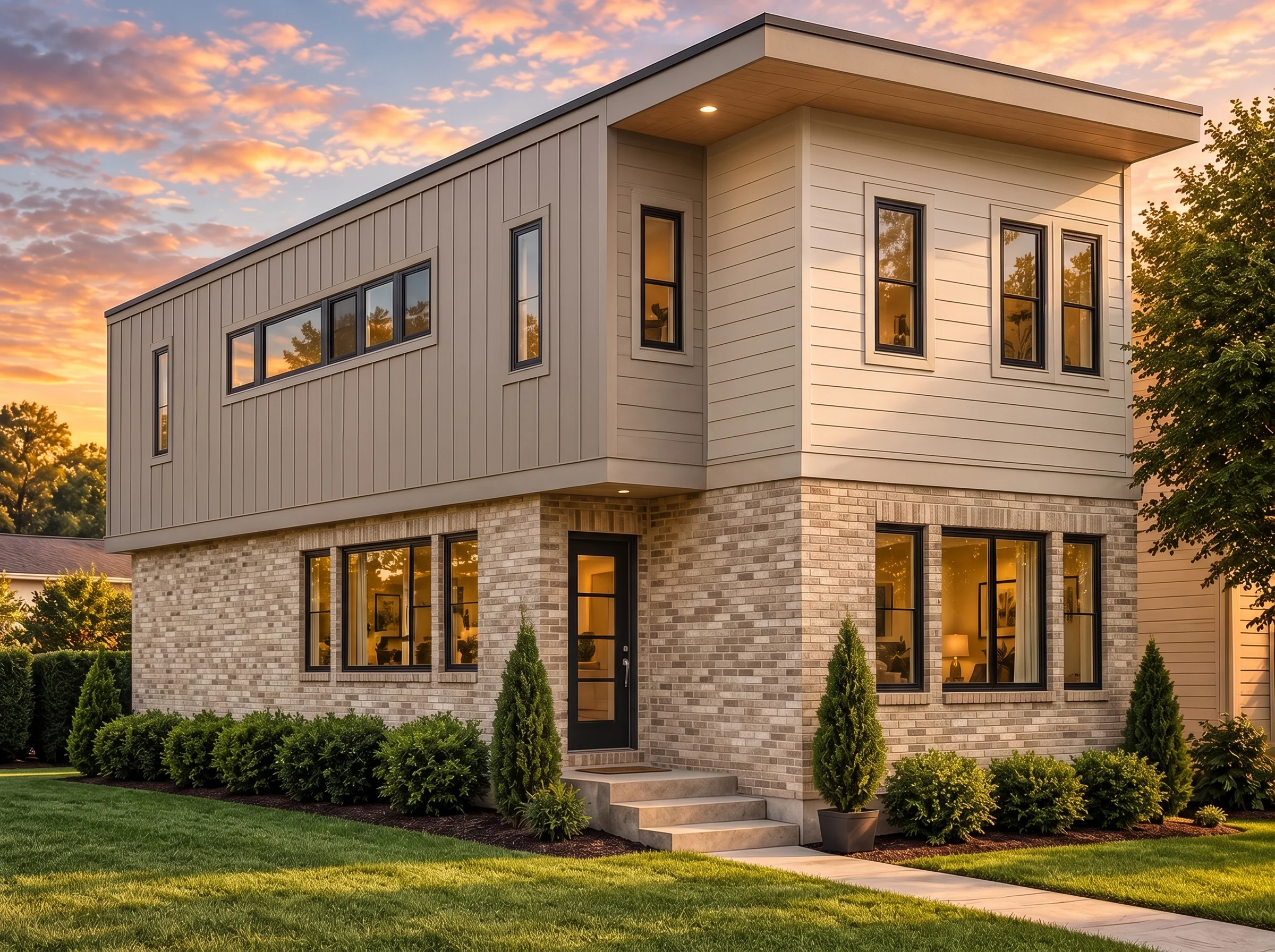 Plan  15-1907 – Michigan River |  Modern – 2-Bed, 2.5-Bath, 1,956 SF - Natural Brick, AI-generated exterior concept