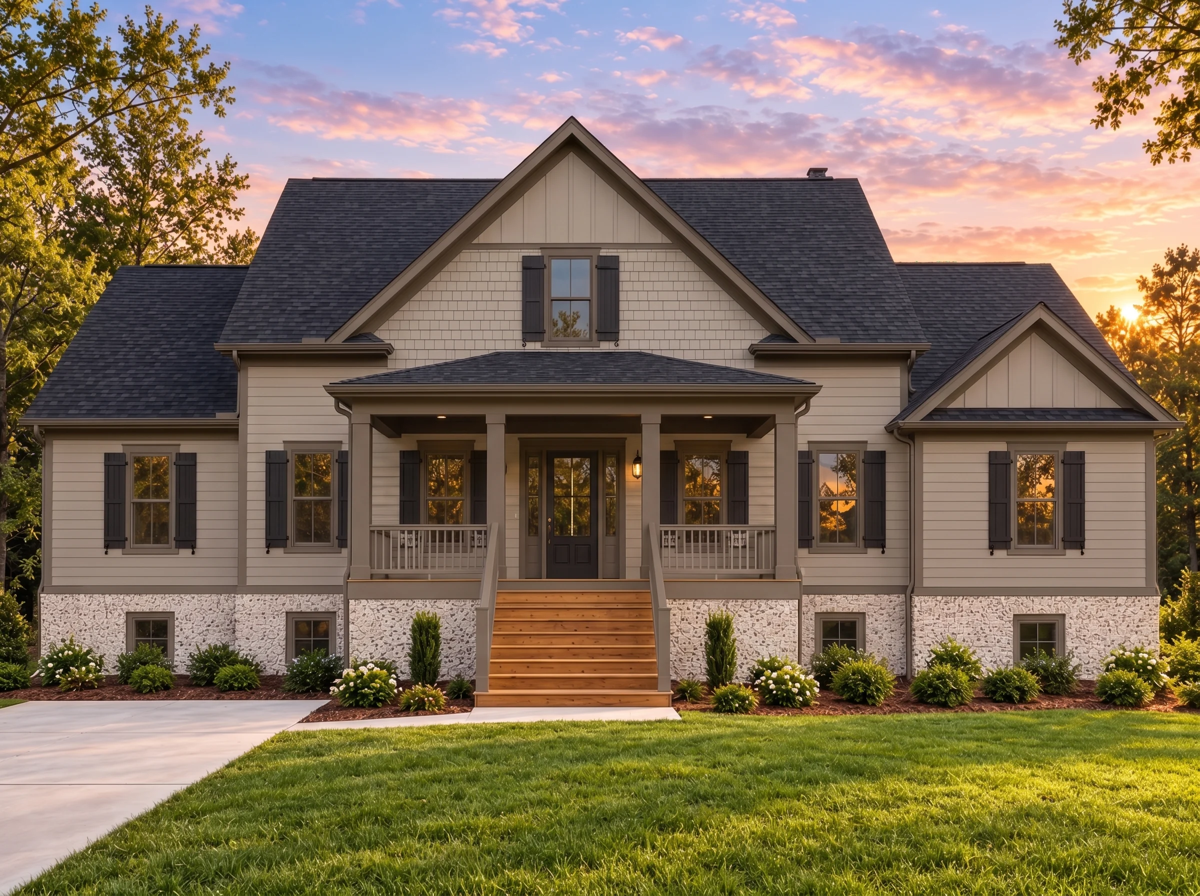 Plan  15-1925 – Auburn Brook Cottage  | Modern Farmhouse – 5-Bed, 4.5-Bath, 3,681 SF - Mushroom Taupe, AI-generated exterior concept