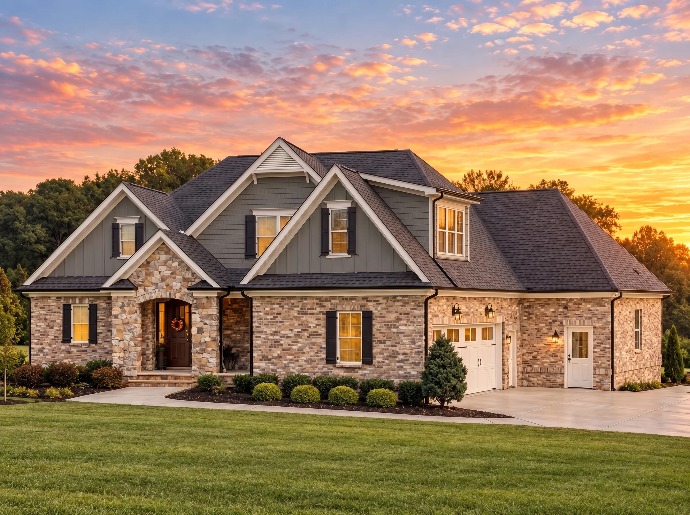Plan  15-2012 – Wyoming Plateau |  New American – 4-Bed, 4-Bath, 3,588 SF - Warm Charcoal, AI-generated exterior concept
