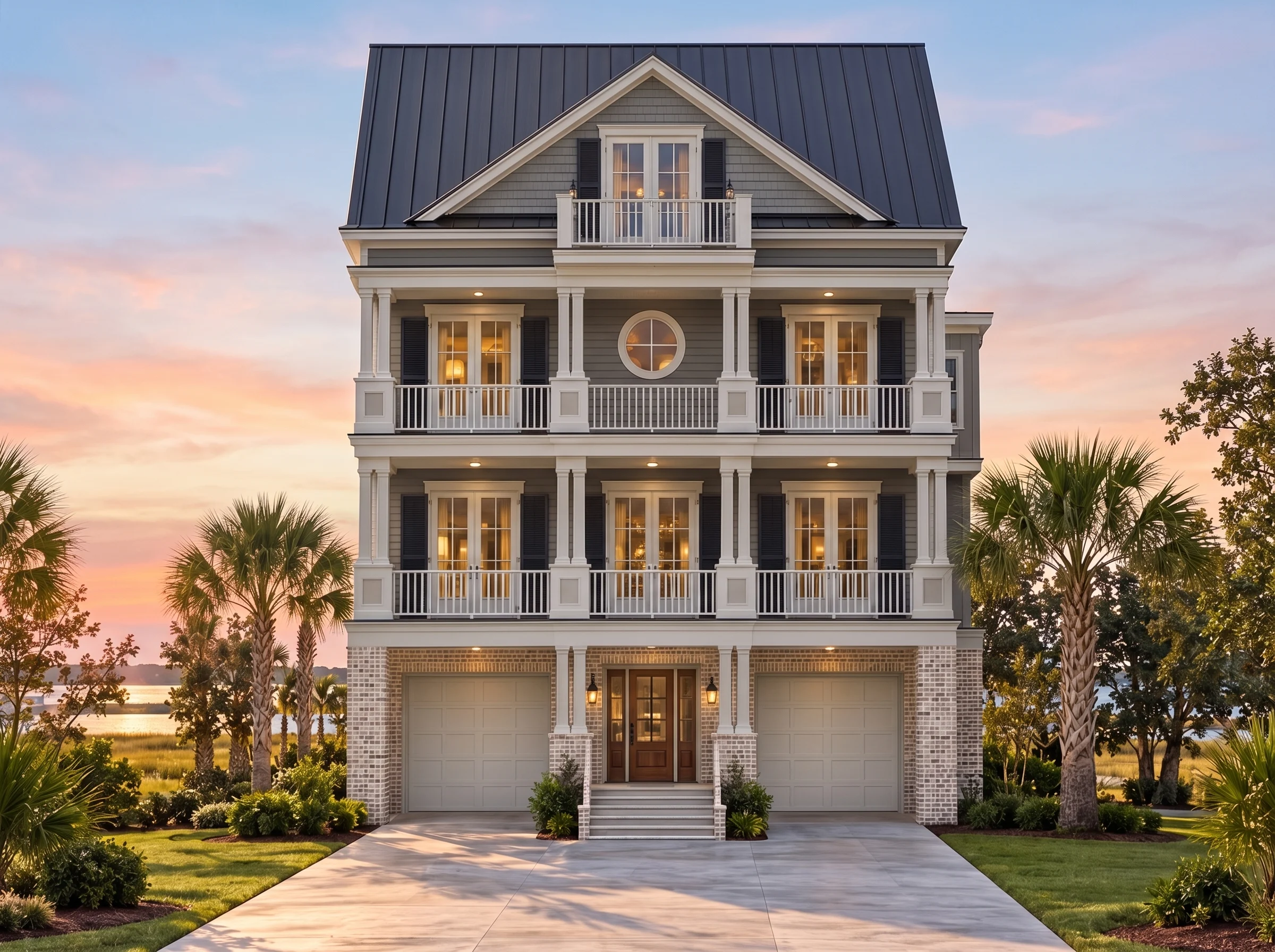 Plan  15-1991 – The Allen Estate |  Charleston – 3-Bed, 3.5-Bath, 2,212 SF - Warm Charcoal, AI-generated exterior concept