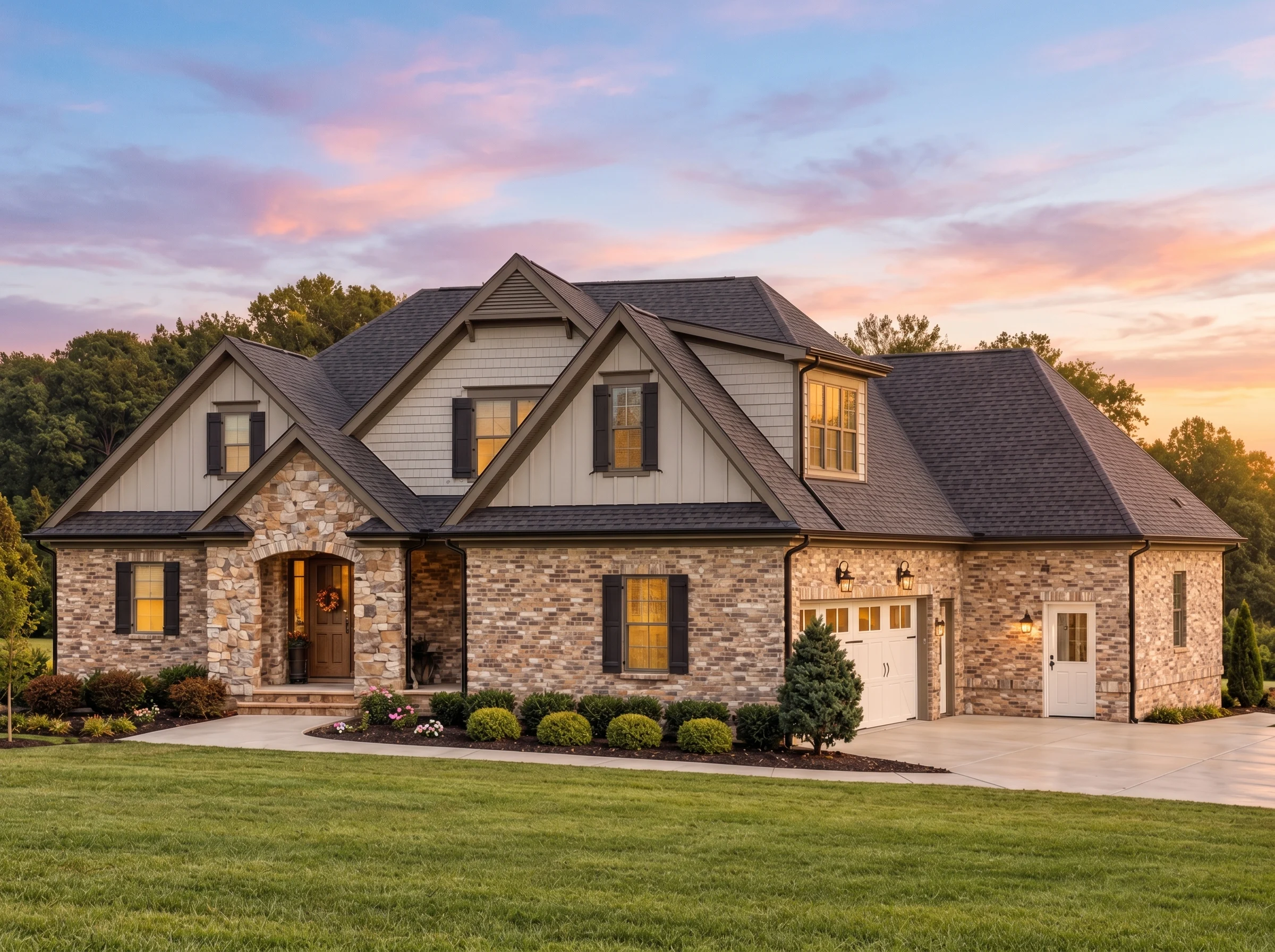 Plan  15-2012 – Wyoming Plateau |  New American – 4-Bed, 4-Bath, 3,588 SF - Mushroom Taupe, AI-generated exterior concept