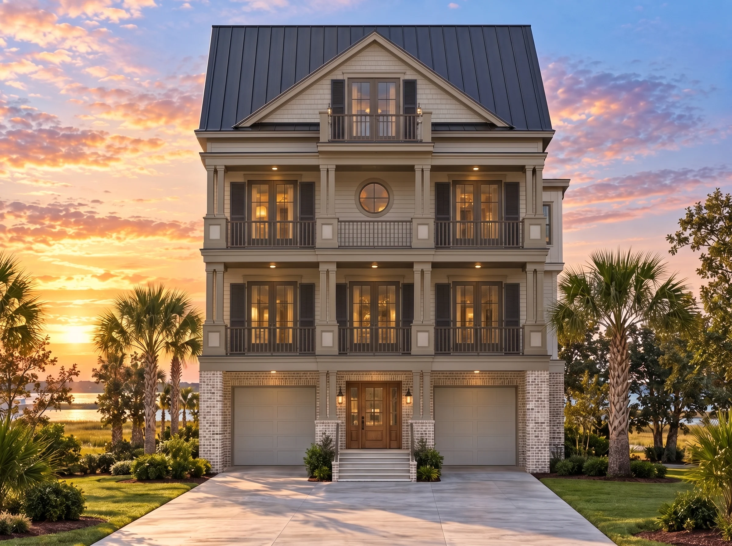 Plan  15-1991 – The Allen Estate |  Charleston – 3-Bed, 3.5-Bath, 2,212 SF - Mushroom Taupe, AI-generated exterior concept