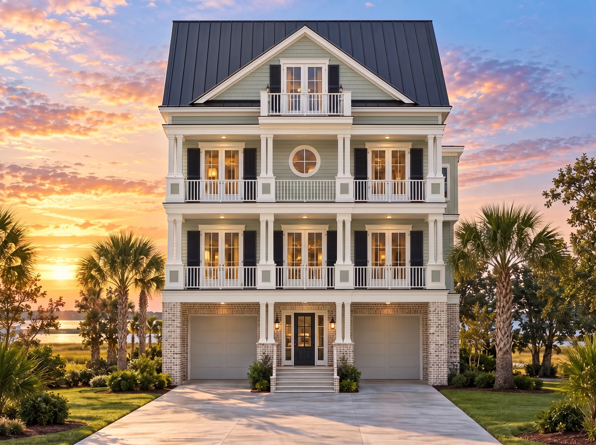 Plan  15-1991 – The Allen Estate |  Charleston – 3-Bed, 3.5-Bath, 2,212 SF - Muted Sage, AI-generated exterior concept