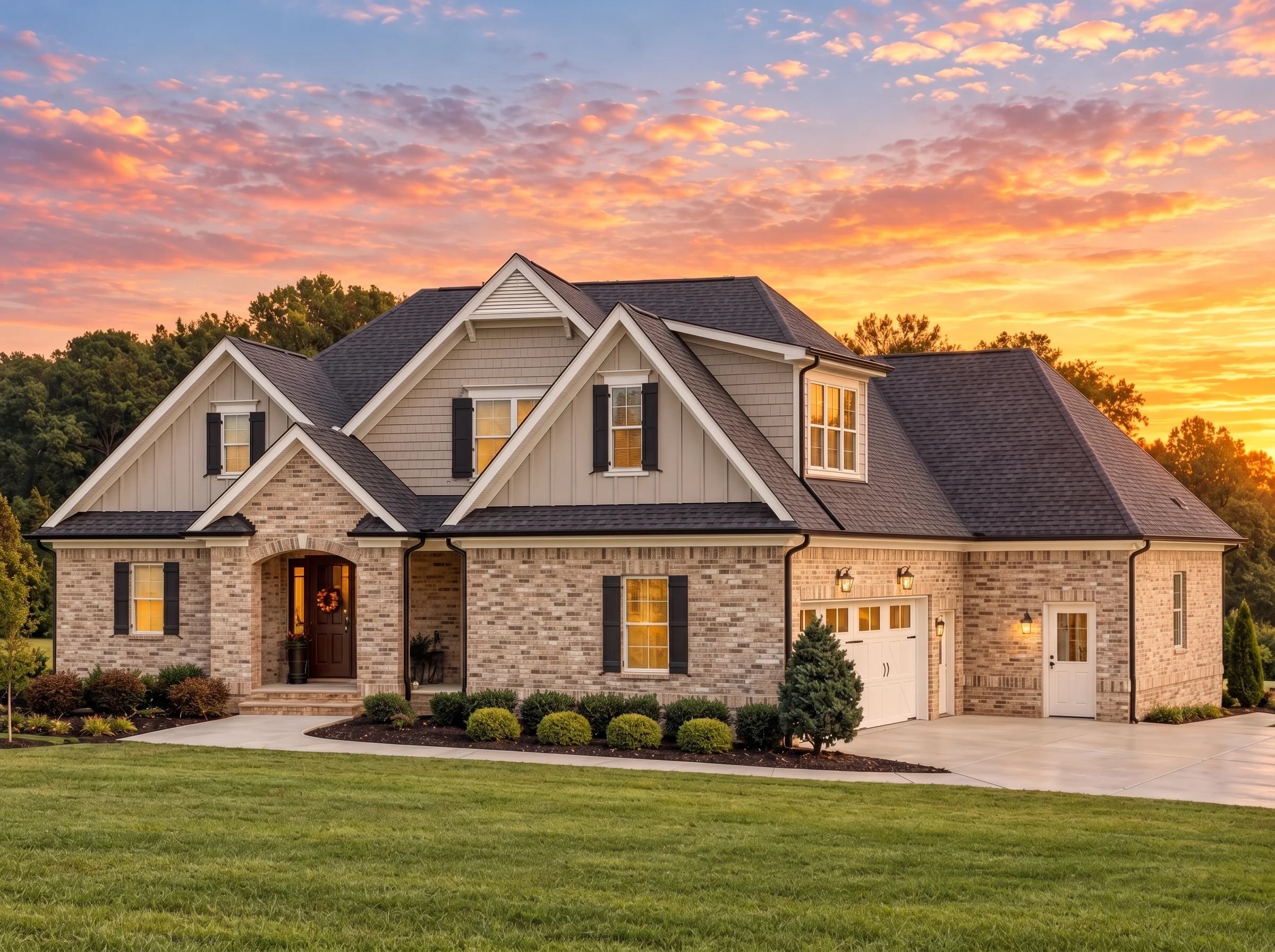 Plan  15-2012 – Wyoming Plateau |  New American – 4-Bed, 4-Bath, 3,588 SF - Natural Brick, AI-generated exterior concept