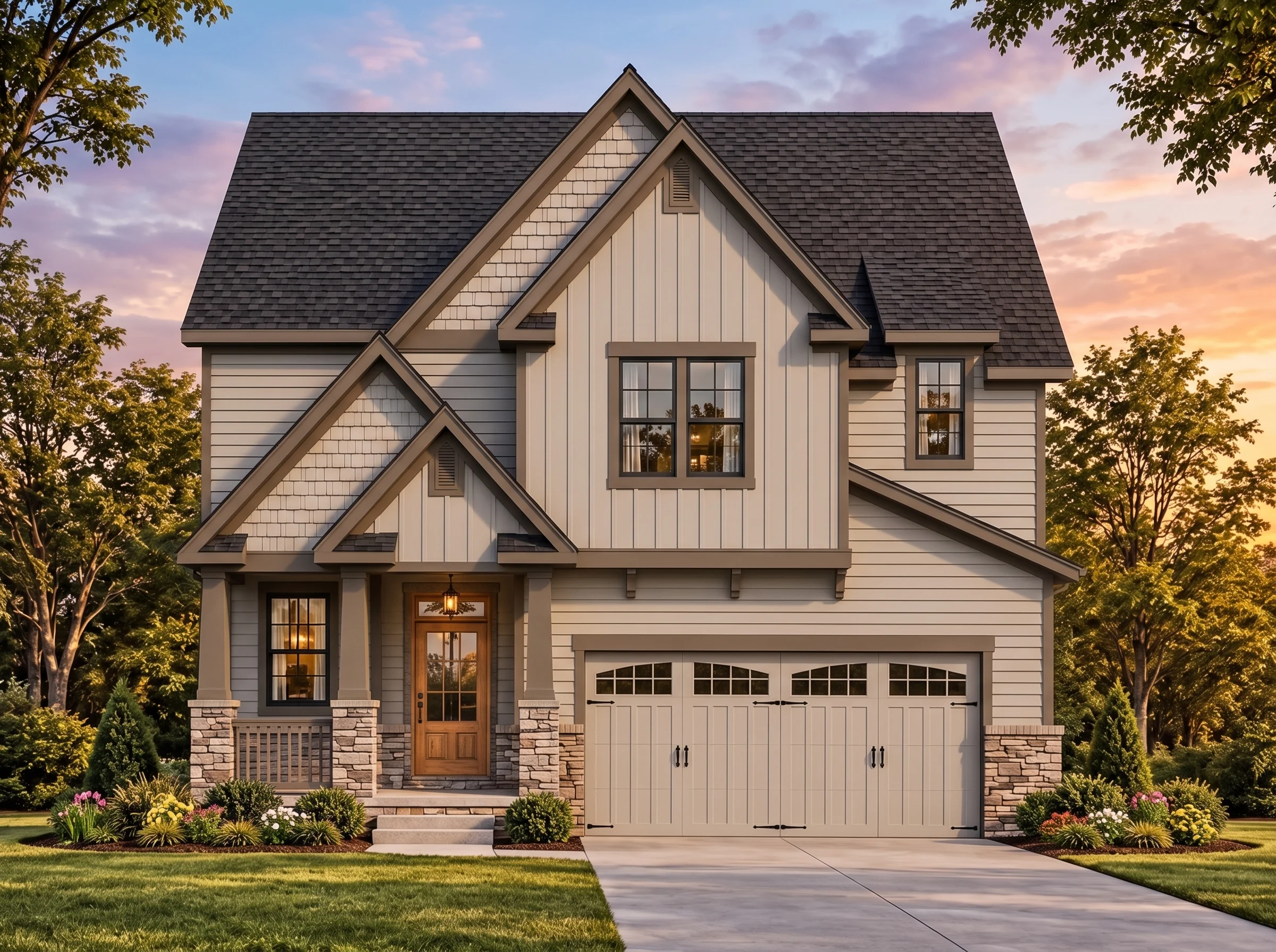 Plan  15-1957 – Aster Grove Haven |  New American – 3-Bed, 0.5-Bath, 2,540 SF - Mushroom Taupe, AI-generated exterior concept